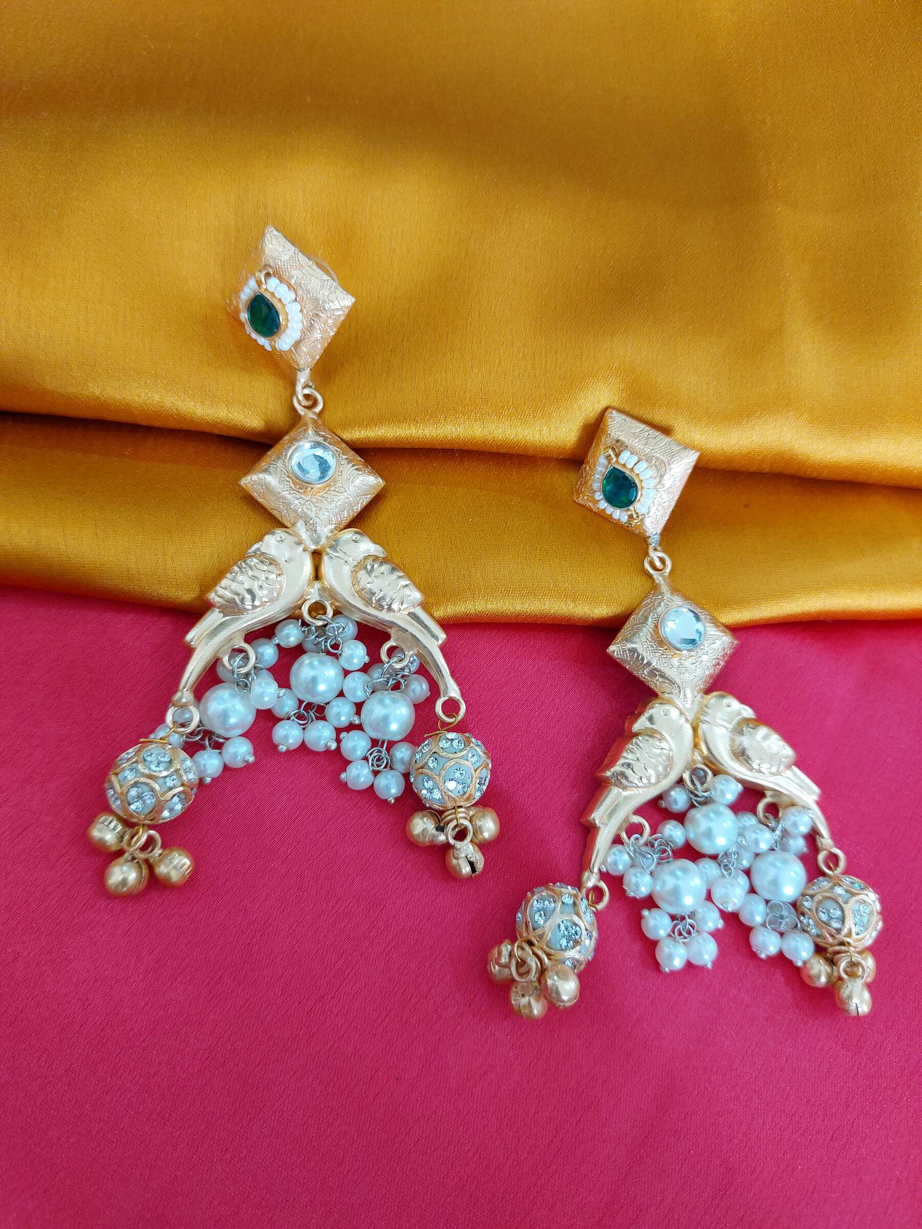 Aarohi Green Parrot Embedded Golden Replica Earrings