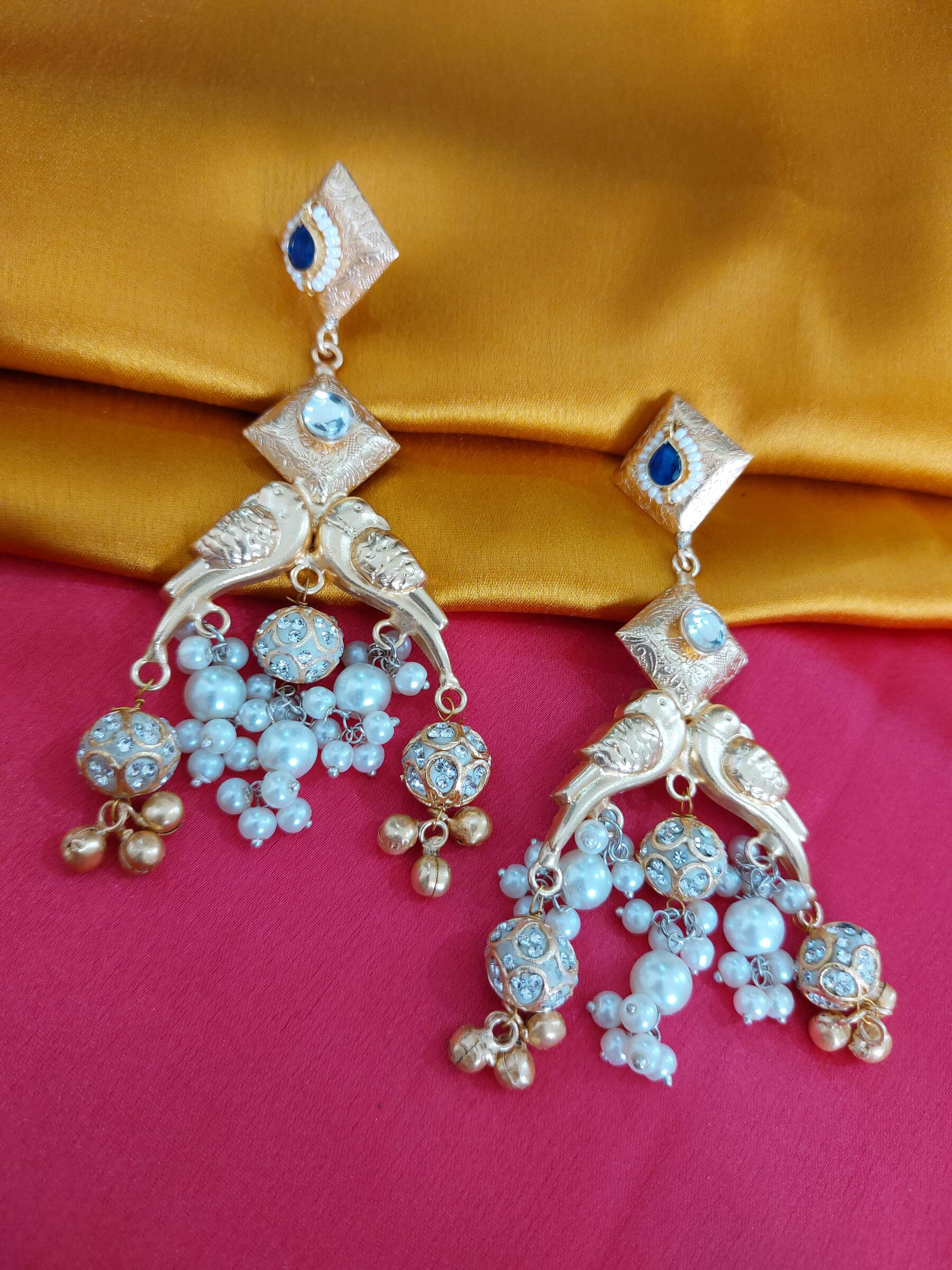 Aarya Blue Parrot Embedded Golden Replica Earrings