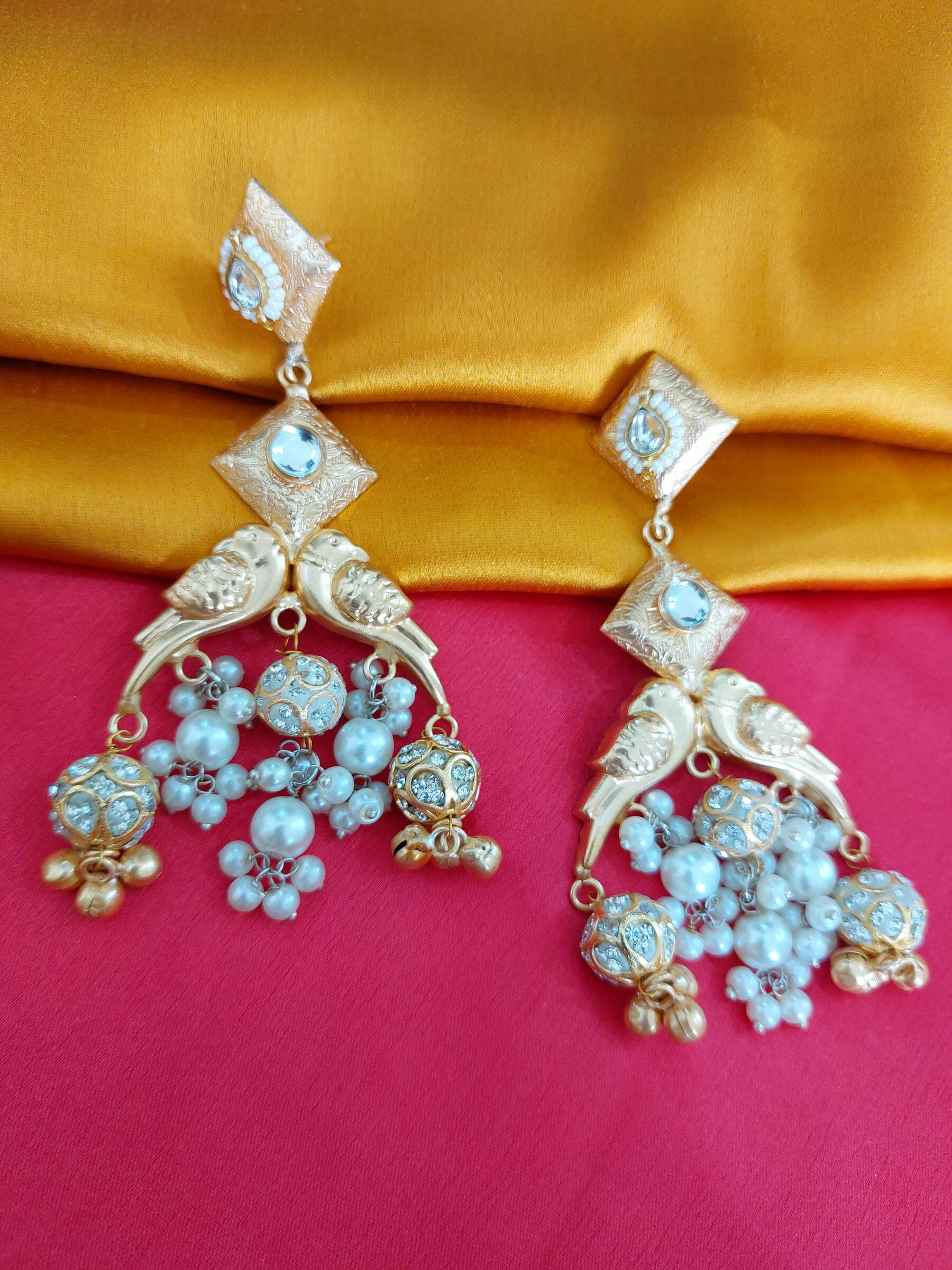 Aishwarya White Parrot Embedded Golden Replica Earrings