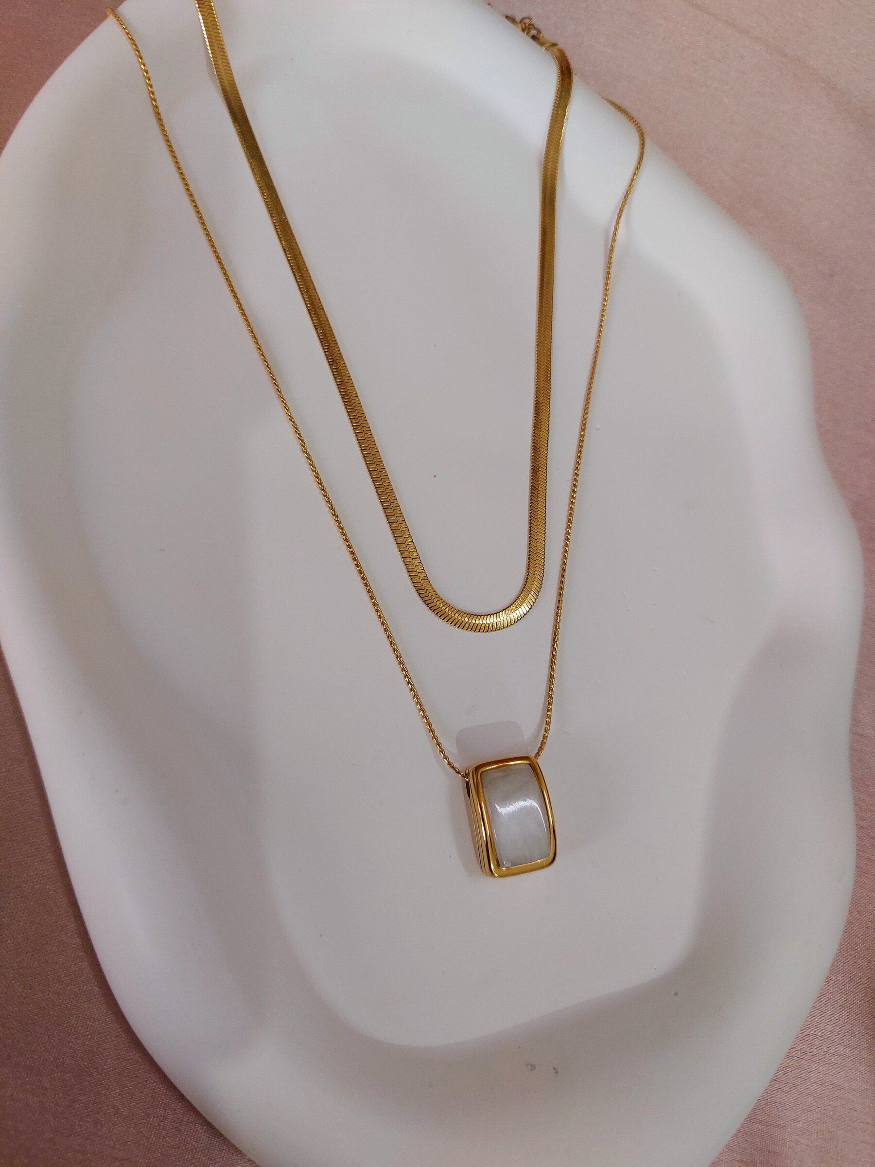 Akira Double Layered Mother of Pearls Rectangular Korean Anti Tarnish Gold Plated Daily Wear Waterproof Necklace