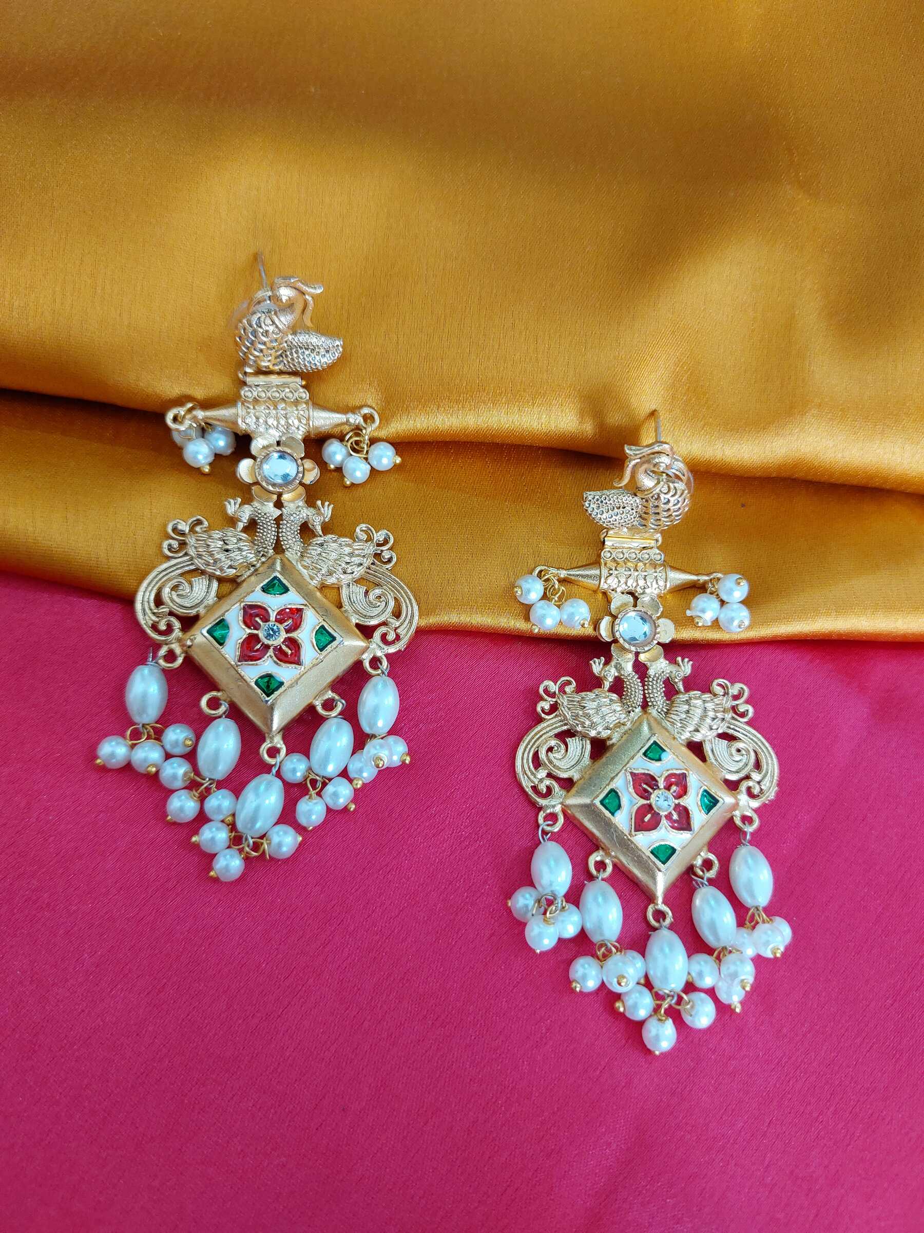 Akshara White Peacock Embedded Meenakari Golden Replica Earrings
