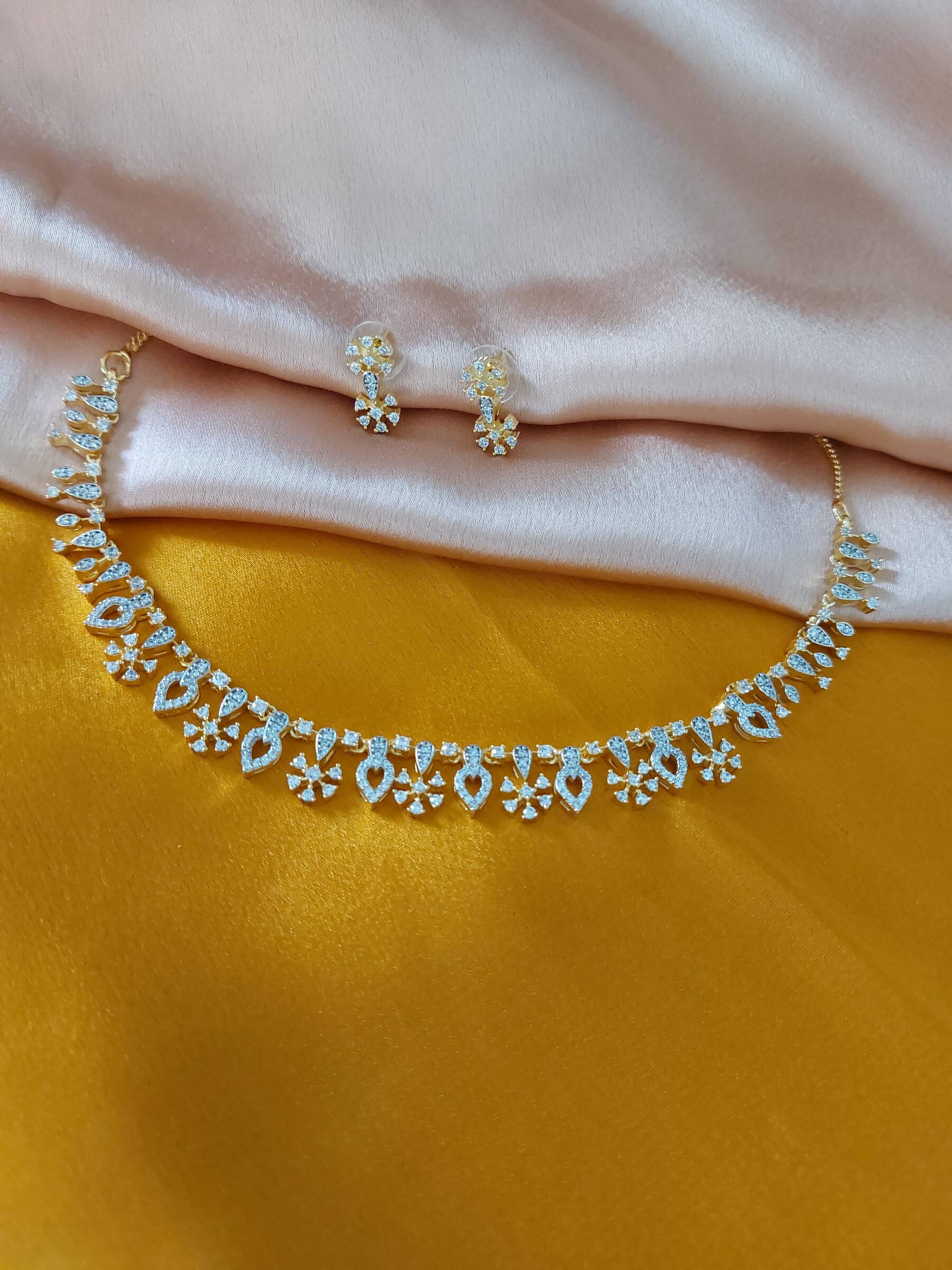 Amy Gold Plated Minimalistic American Diamond Necklace Set With Earrings