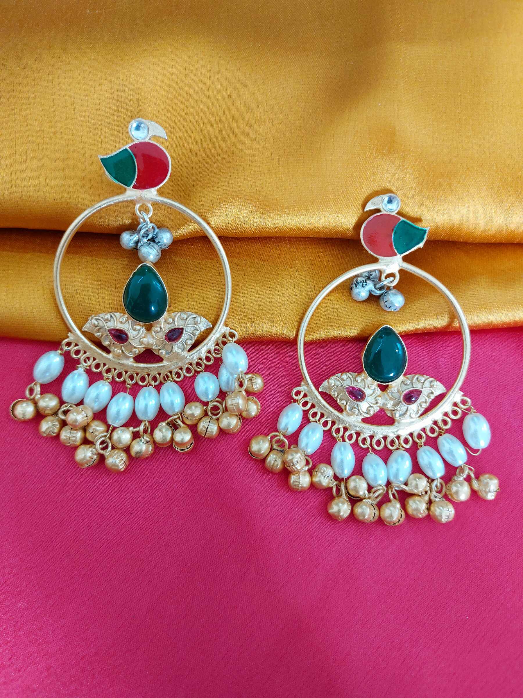 Ananya Red & Green Pearl Embedded Kundan Golden Replica Earrings