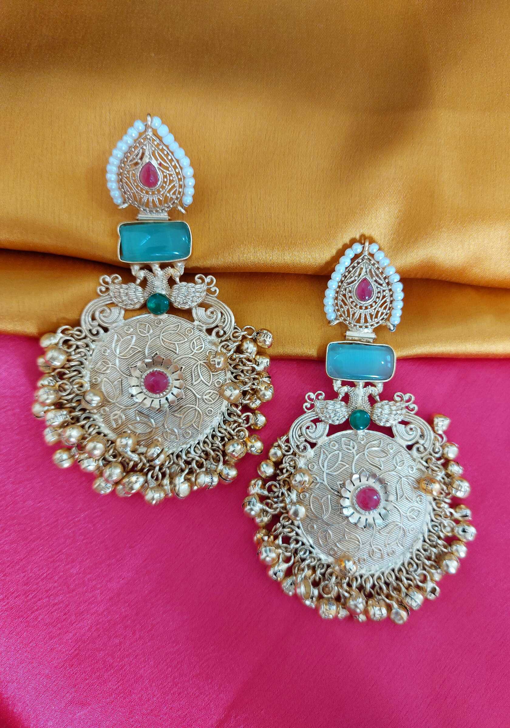 Anushka Firoza stone Kundan Embellished Hand Carved Pearl Golden Replica Earrings