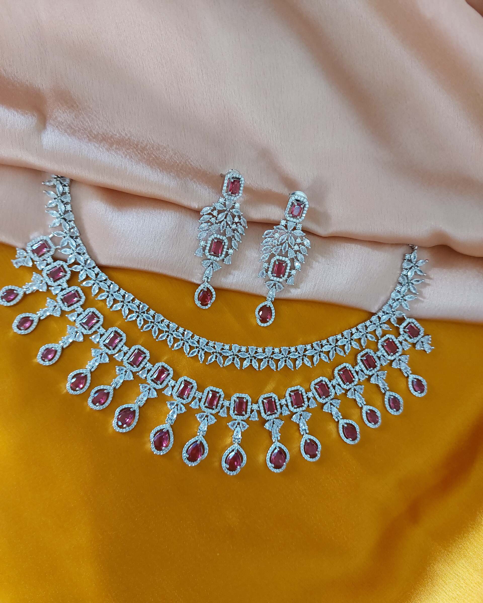Bethany Special Occasion Ruby Coloured American Diamond Necklace Set With Earrings