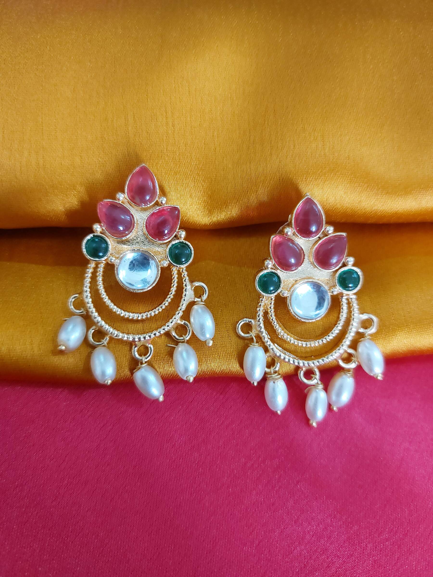 Bhumi Pink & Green Gold Plated Minimalistic Earrings