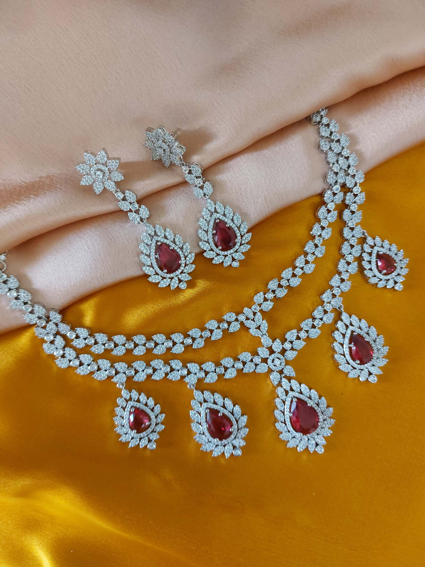 Chloe Two Layered Ruby Coloured American Diamond Necklace Set With Earrings