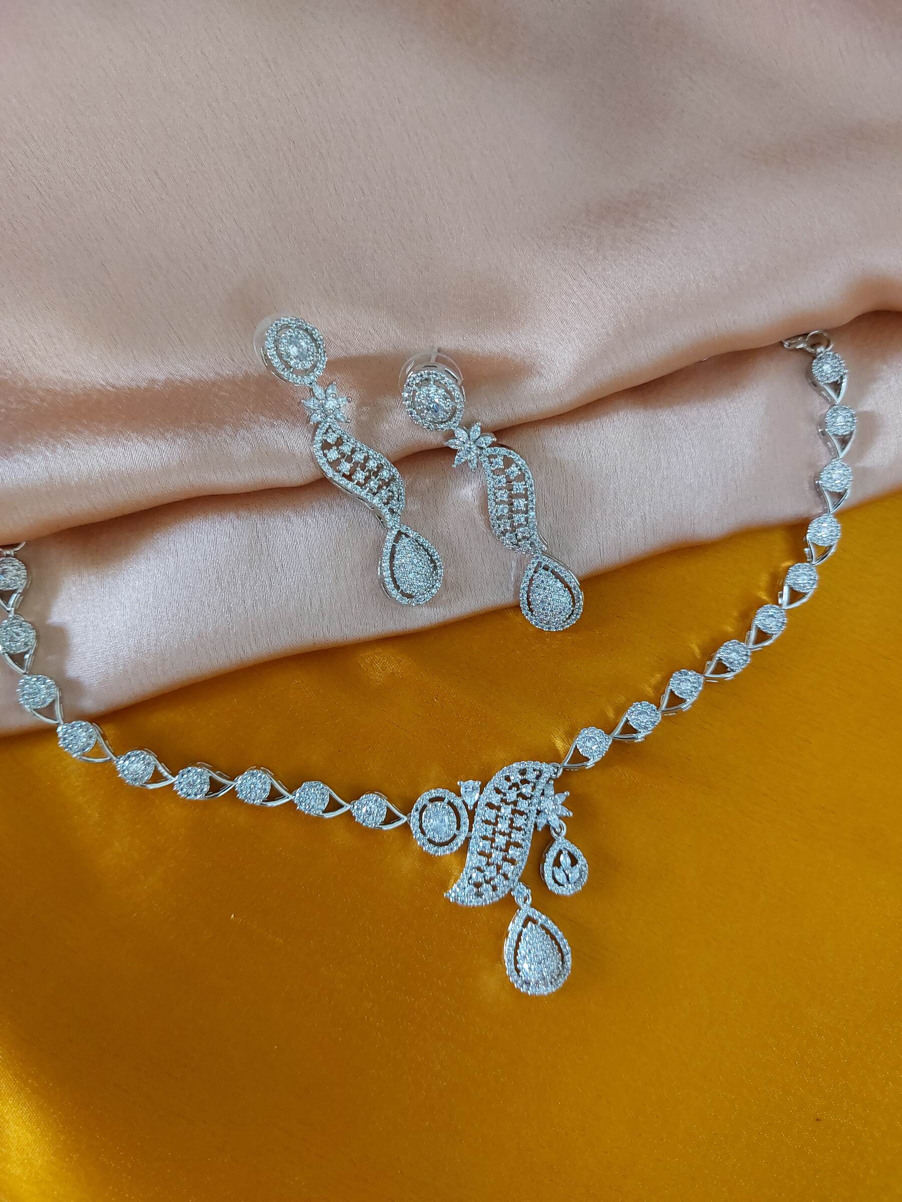 Emily Silver Coloured American Diamond Necklace Set With Earrings