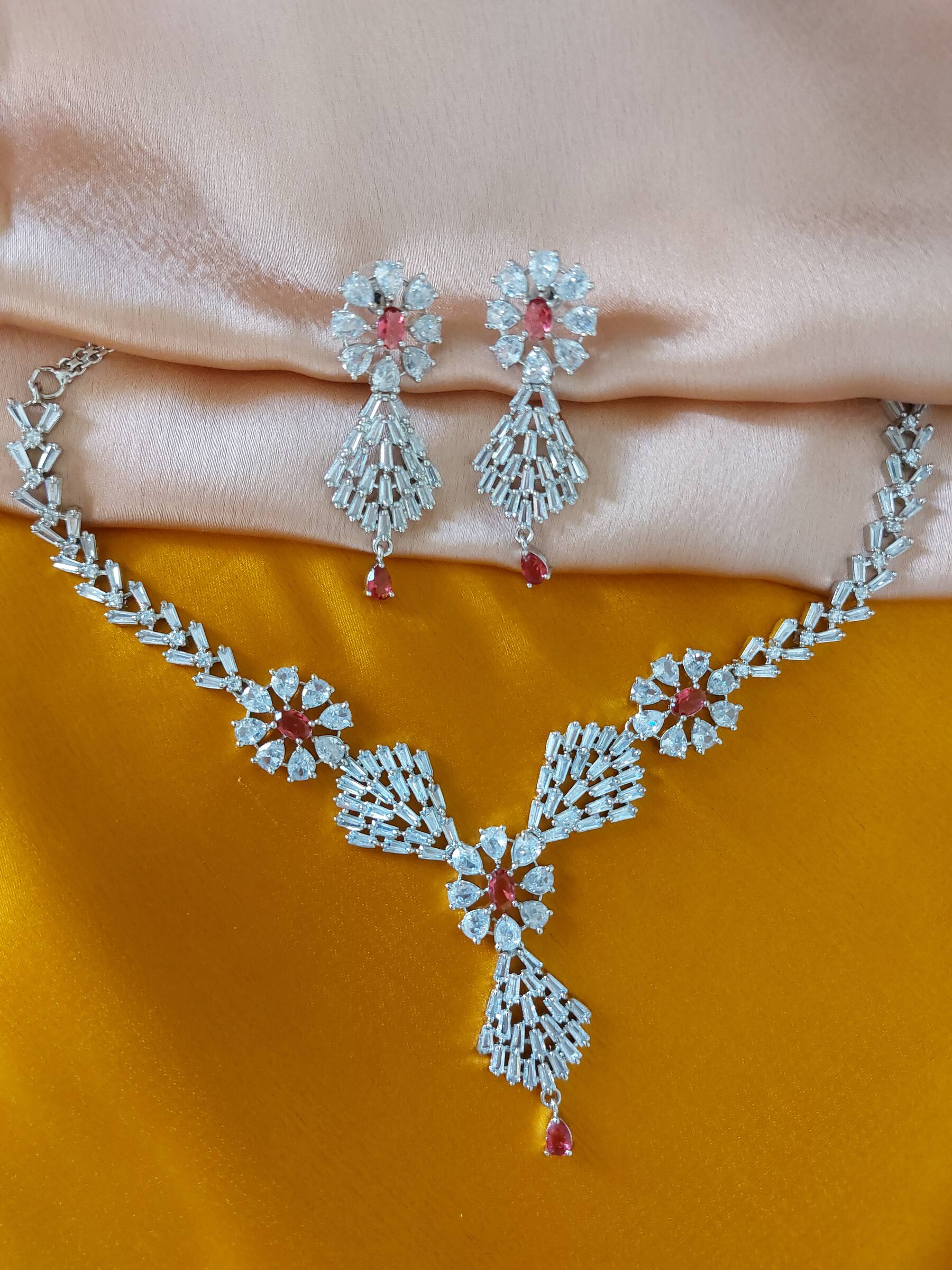 Georgia Ruby Coloured American Diamond Necklace Set With Earrings