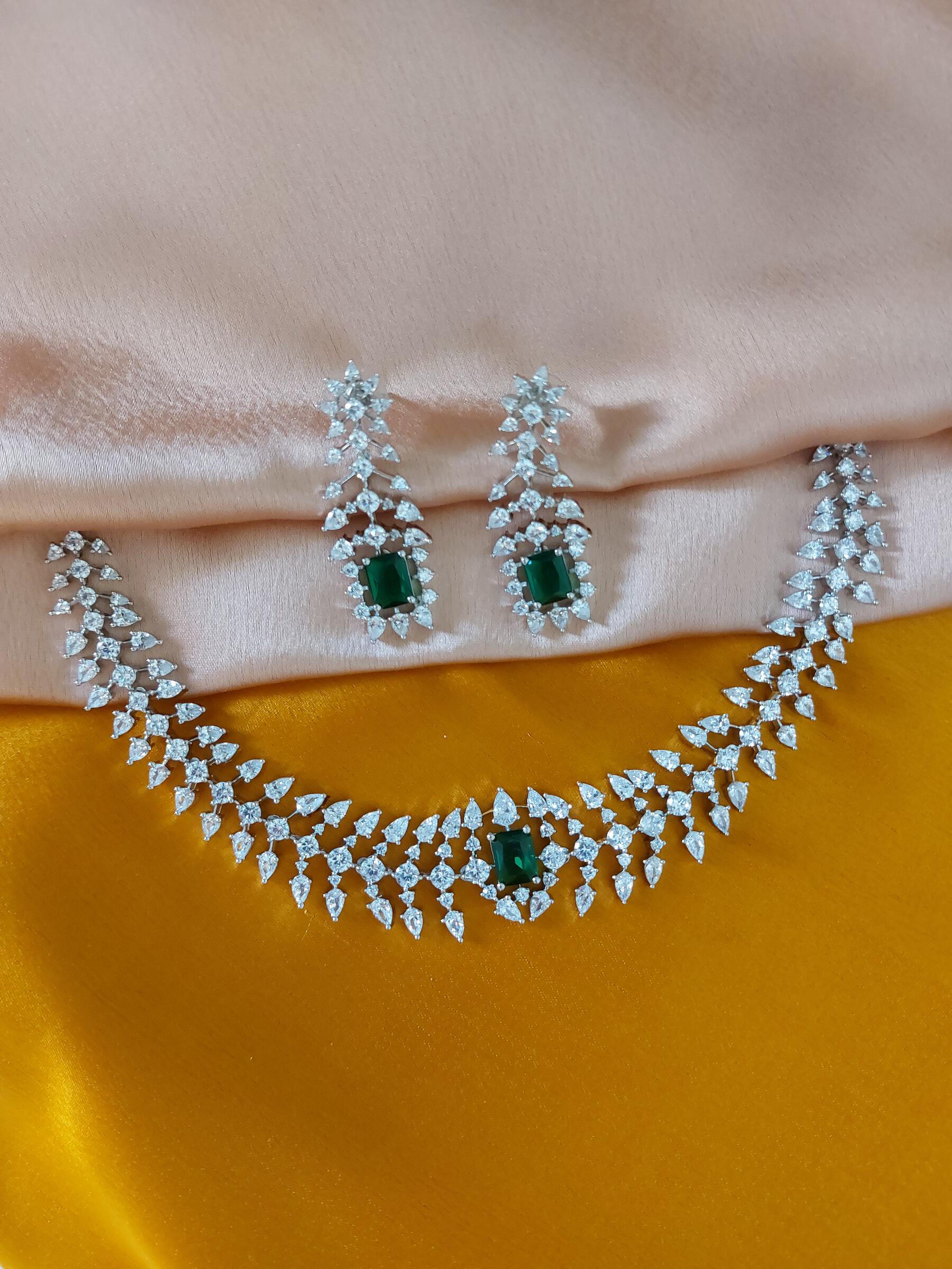 Jasmine Green Coloured Choker American Diamond Necklace Set With Earrings