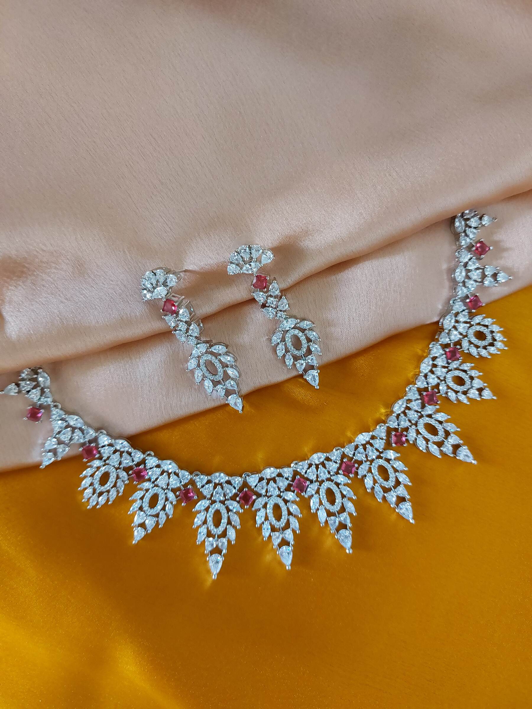 Jessica Ruby Coloured American Diamond Necklace Set With Earrings