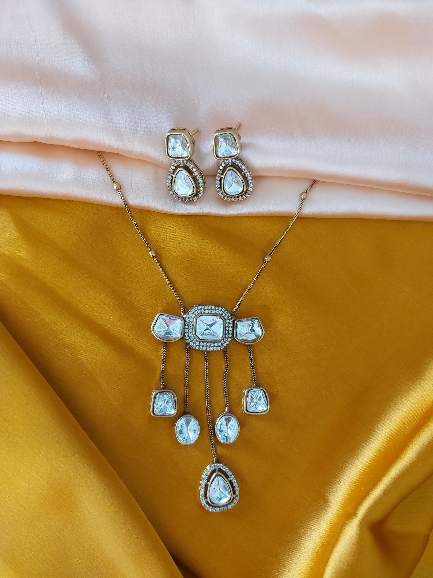 Kajal Moissanite AD Stone Studded Kundan Party Wear Antique Gold Long Necklace Set With Earrings