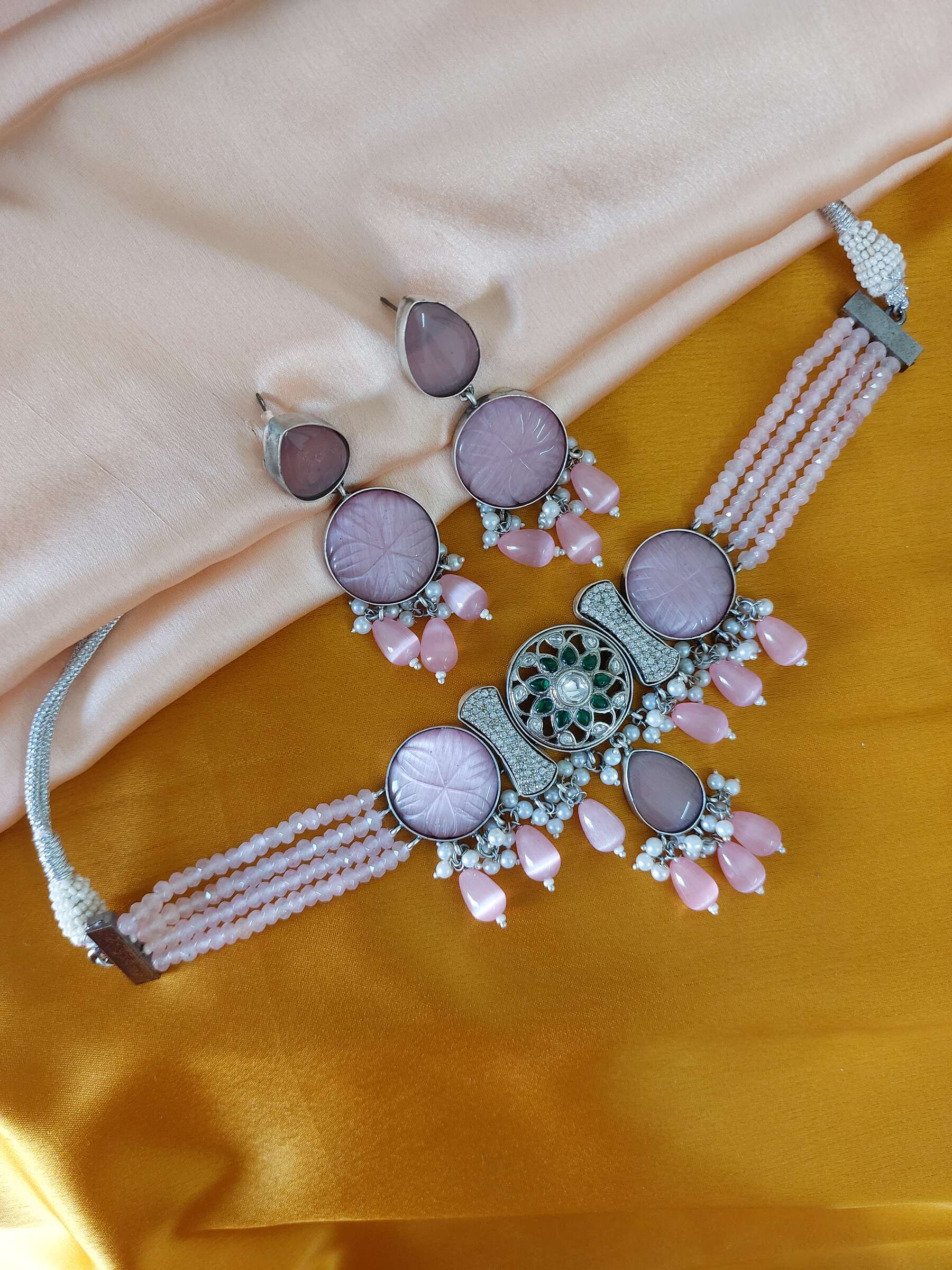 Kavya Multi Coloured AD stone Studded With Centered Meenakari Work Monalisa Stone Embelished Choker Necklace Set With Earrings