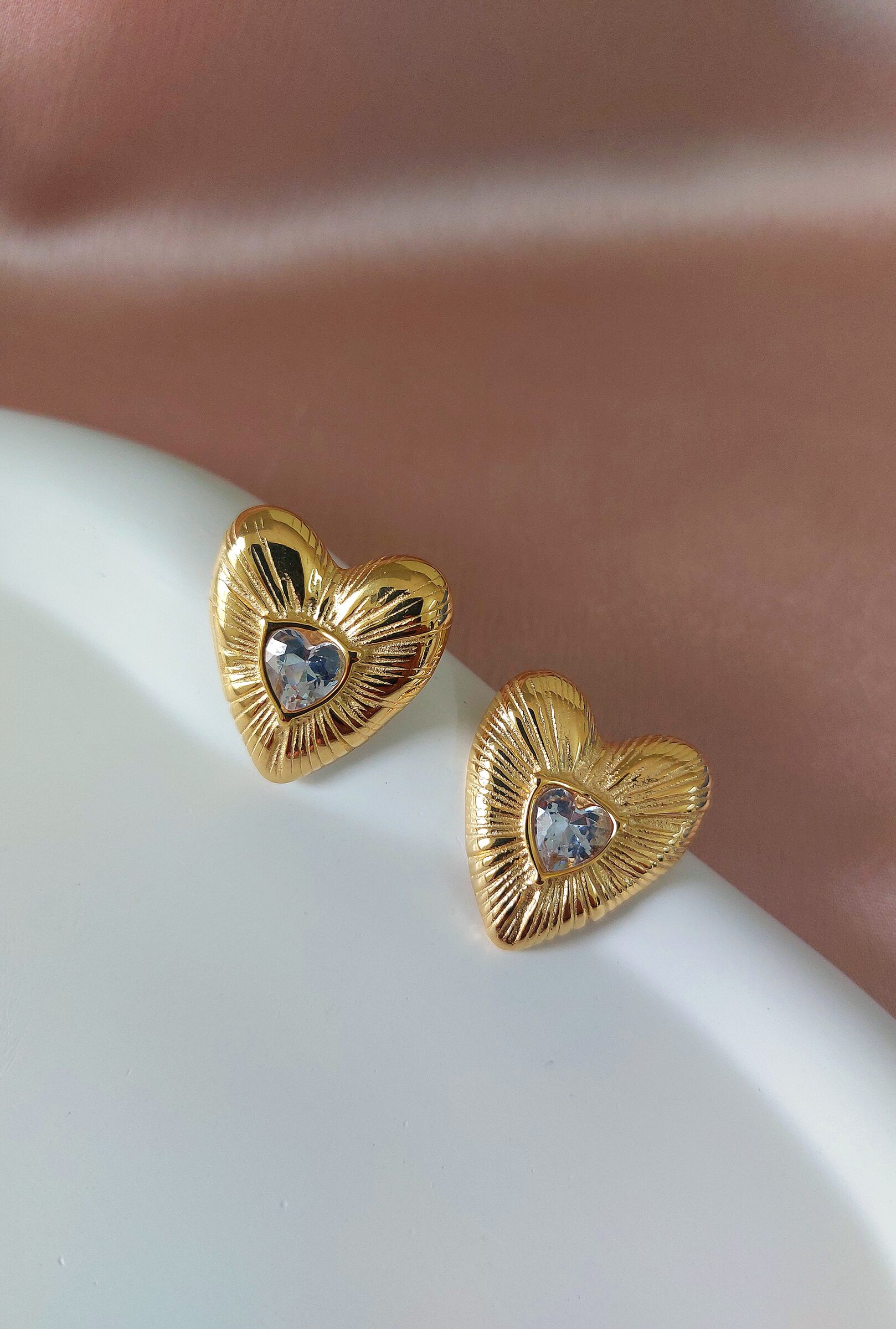 Kayra Heart Shaped Diamond Studded Gold Plated Anti Tarnish Korean Style Western Earrings