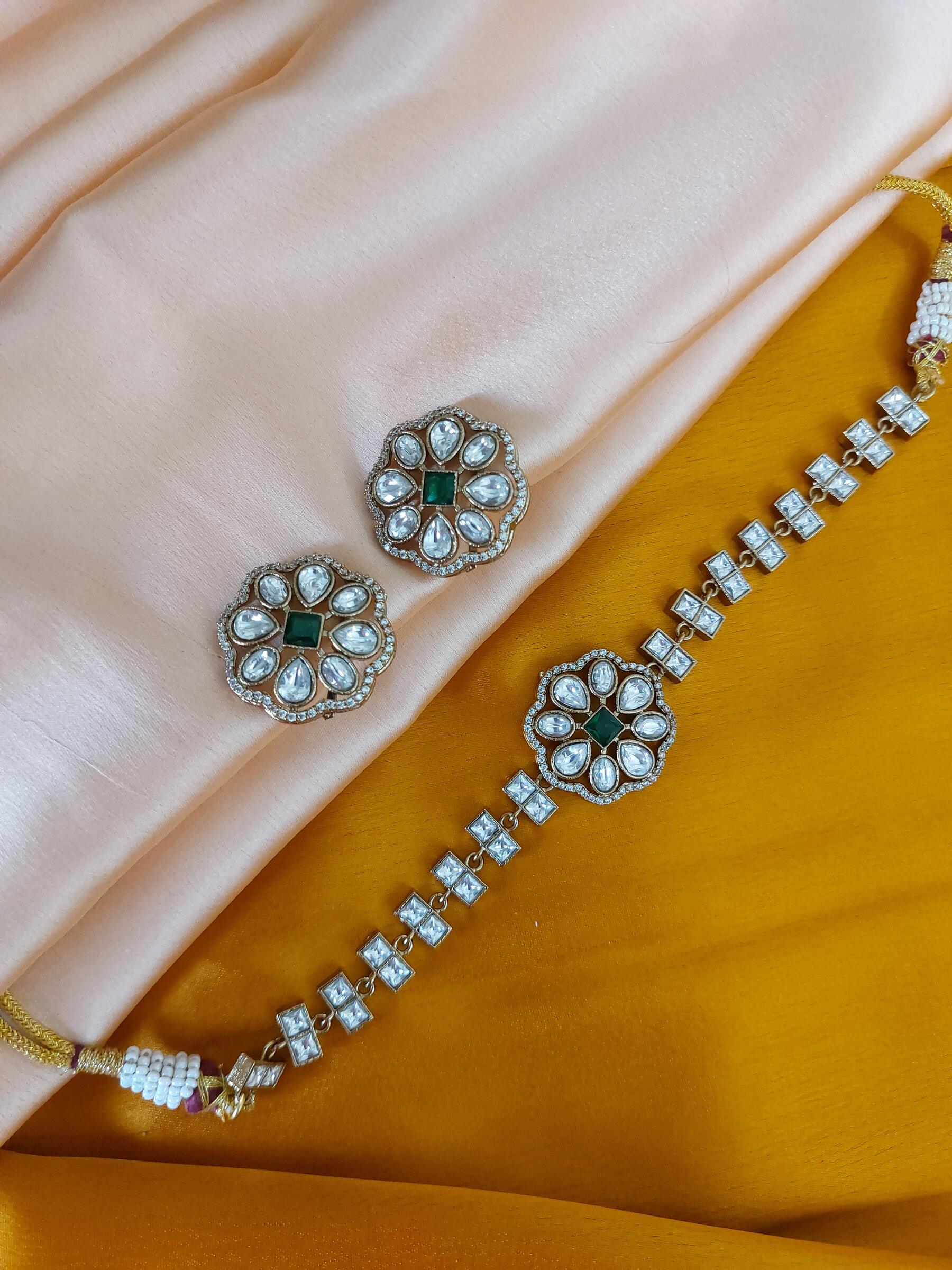 Komal Flower Shaped Green Coloured Kundan Antique Gold Choker Necklace Set With Earrings