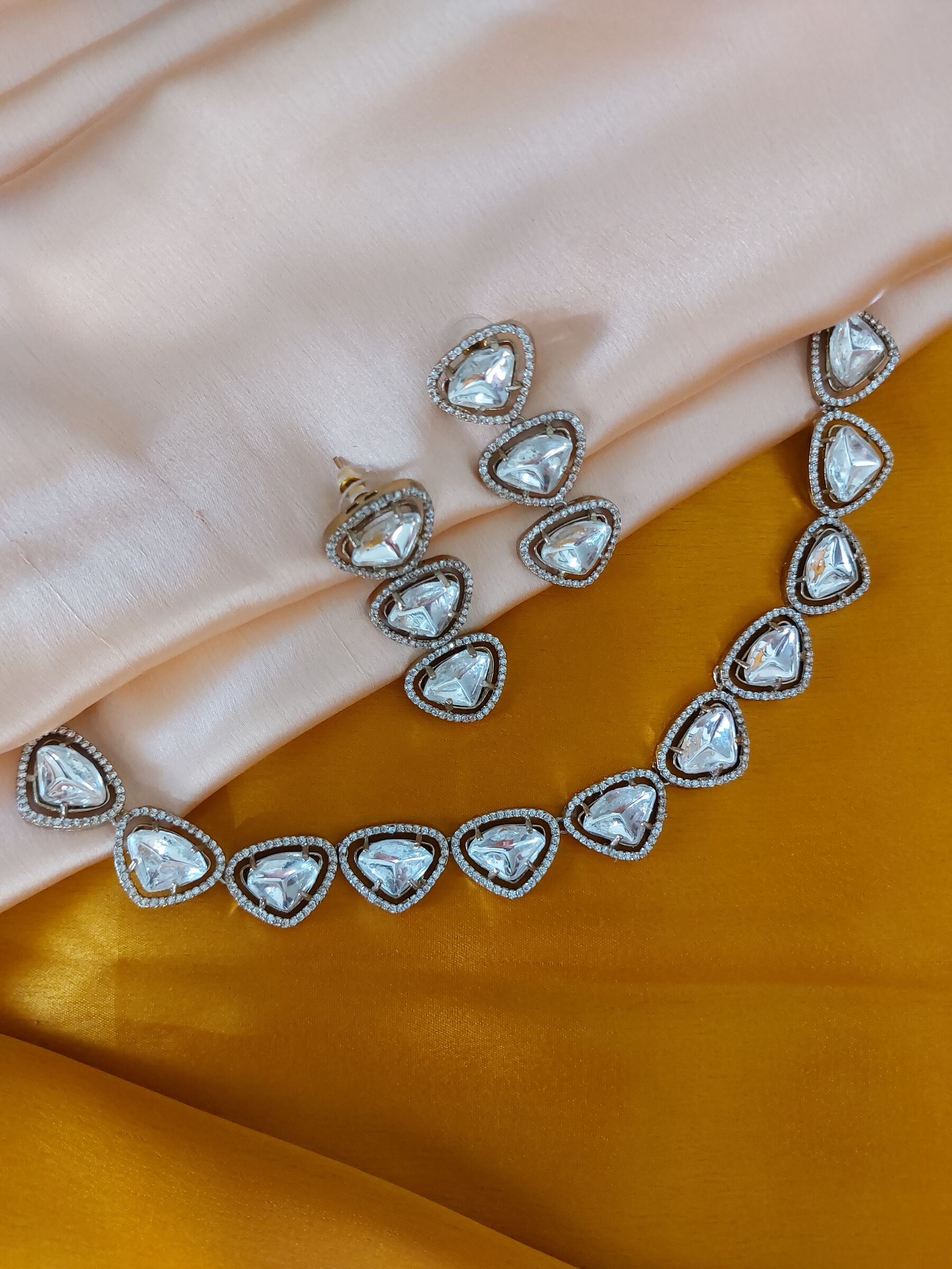Kriti Moissanite Reversed Triangle Shaped  Antique Gold Choker Necklace Set With Earrings