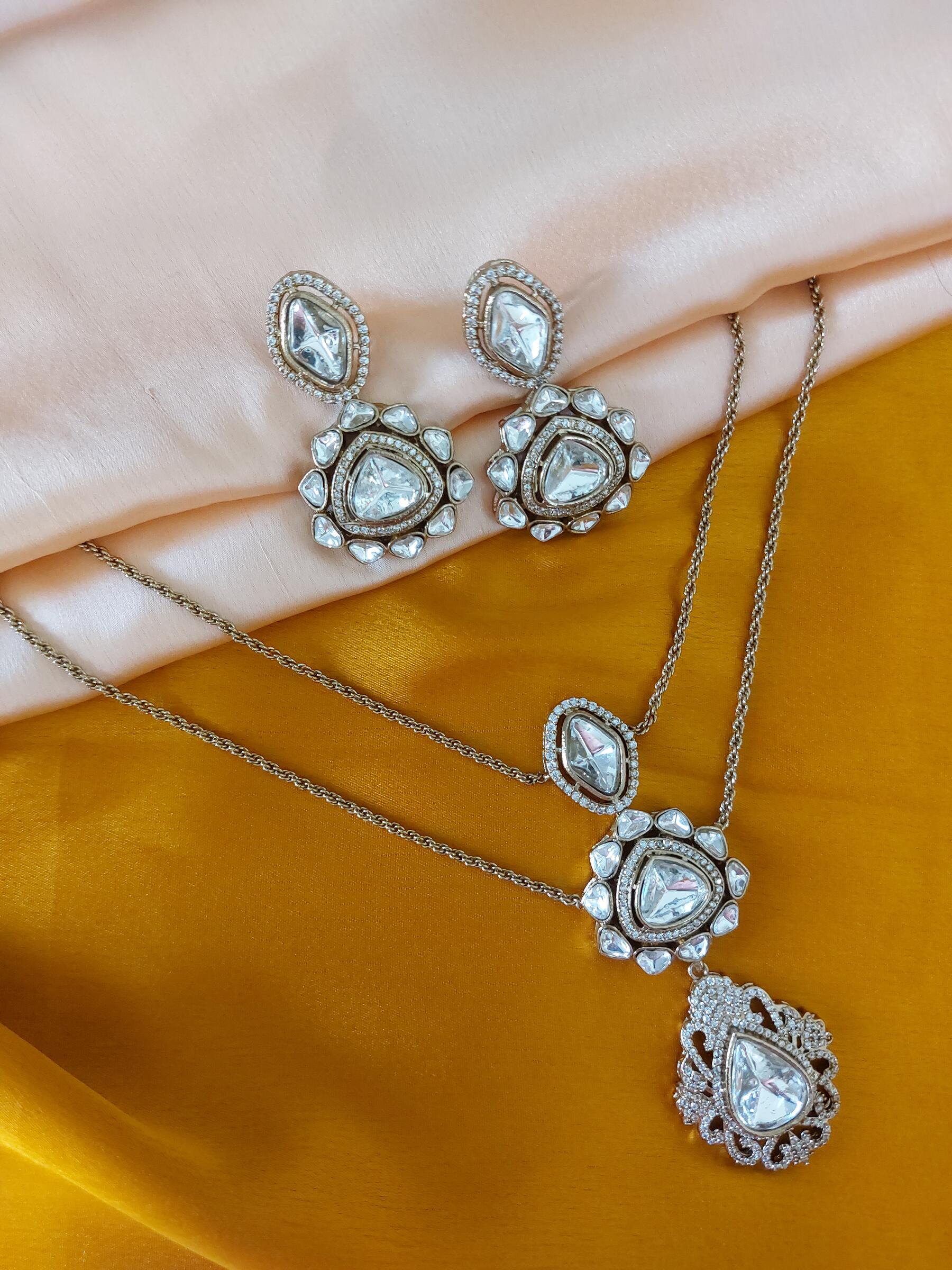 Kritika Moissanite Antique Gold AD Studded Celebrity Inspired Long Necklace Set With Earrings