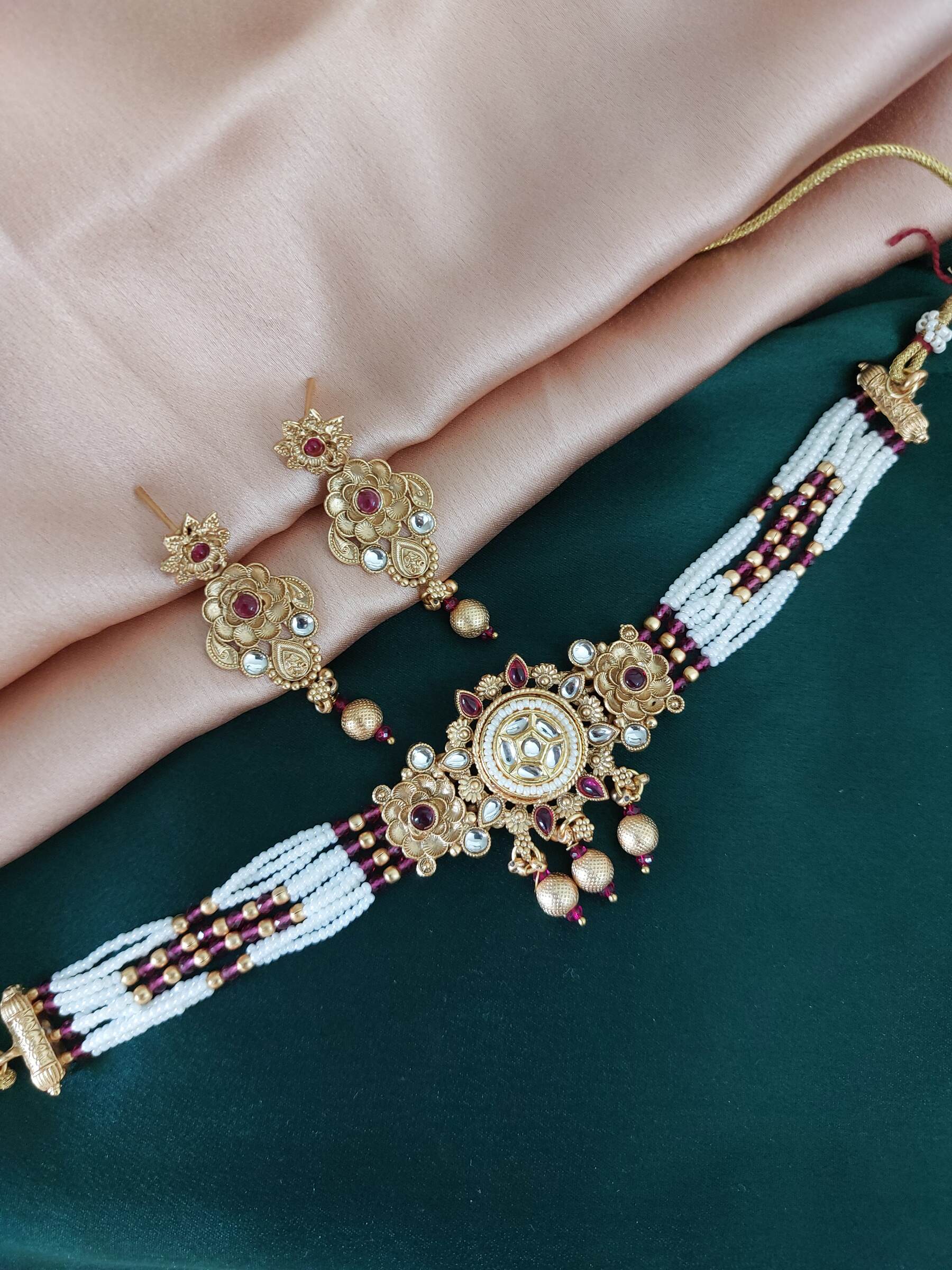 Kumkum Rajwada Styled Jadau Kundan Choker Necklace Set With Earrings