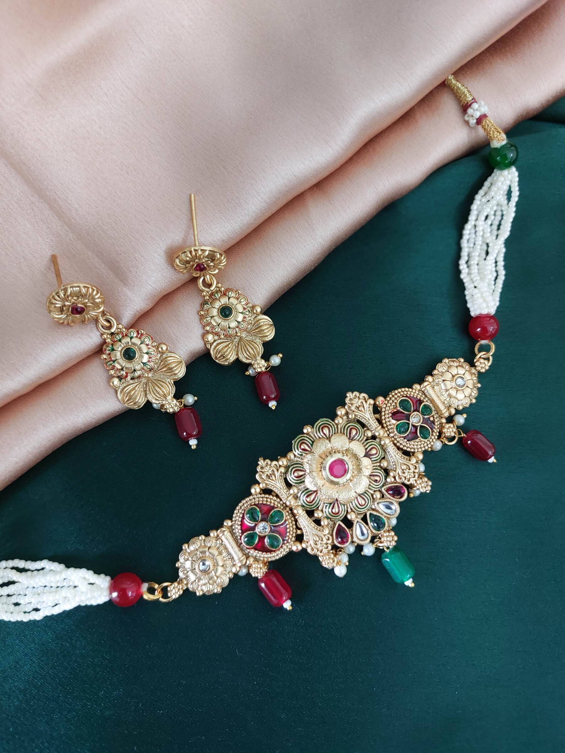 Kumud Rajwada Styled Jadau Kundan Meenakari Choker Necklace Set With Earrings