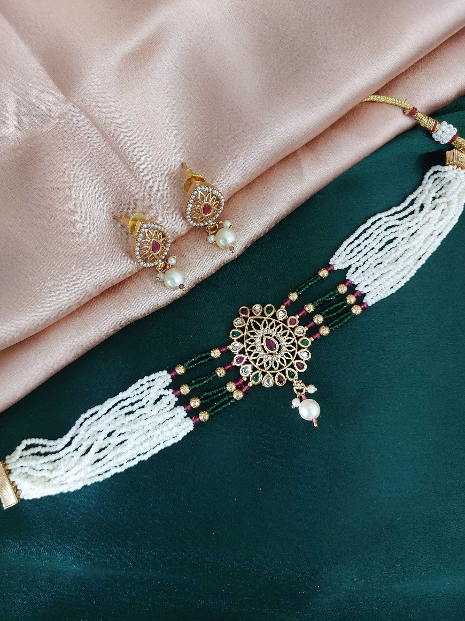 Kumudini  Rajwada Styled Jadau Kundan Meenakari Multi Choker Necklace Set With Earrings