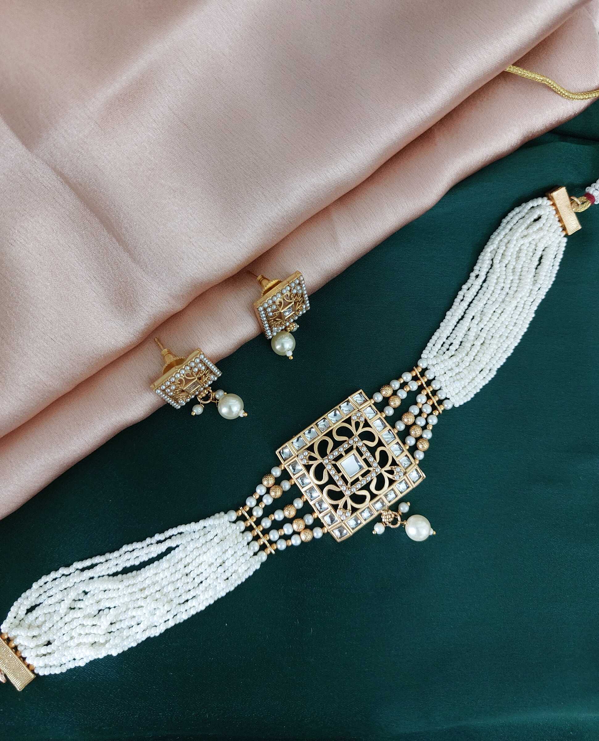 Kusum Rajwada Styled Square Shaped Jadau Kundan Meenakari Multi Choker Necklace Set With Earrings