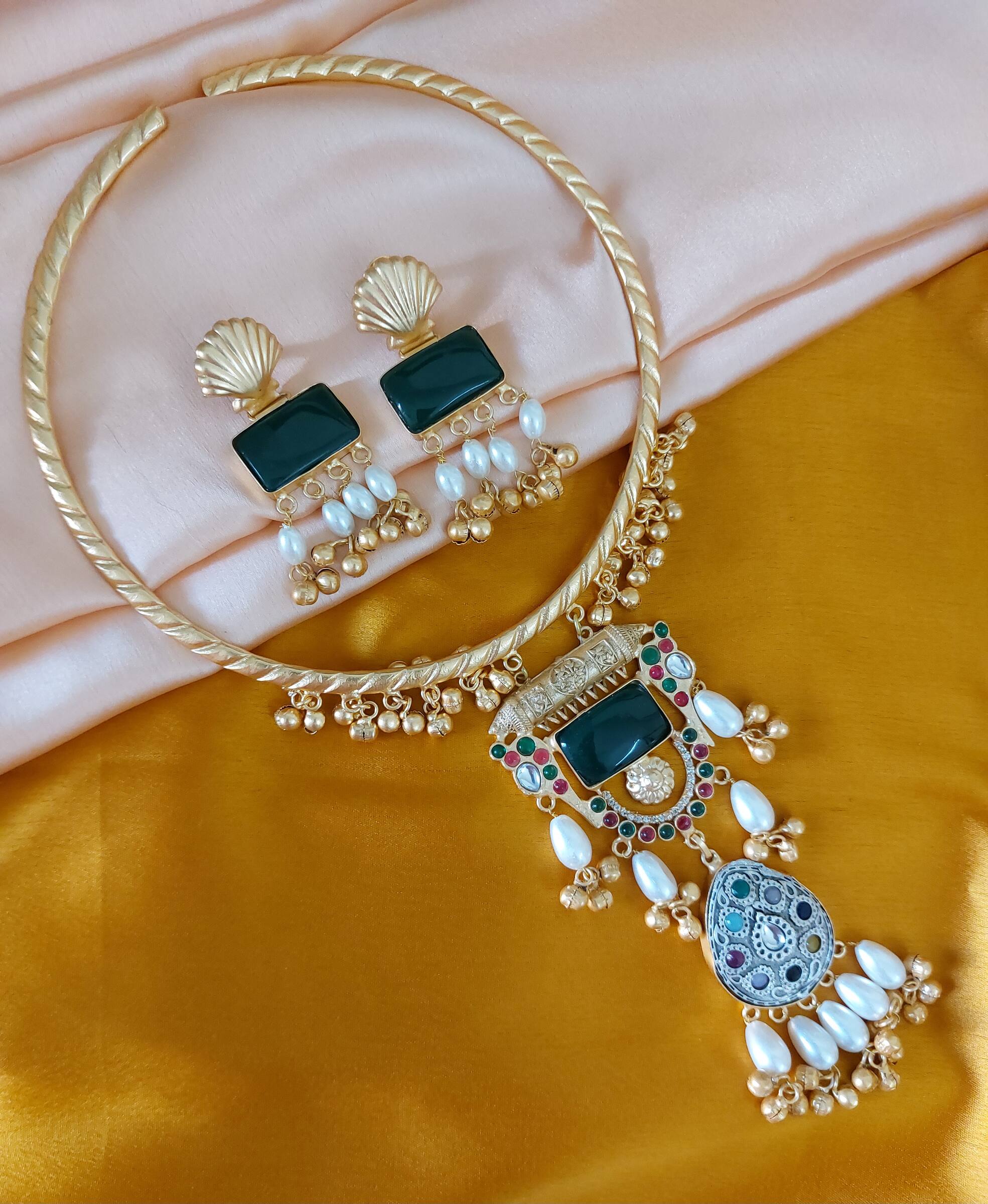 Labdhi Green Monalisa Stone Studded Pearl Embelished Kundan Antique Gold Long Necklace Set With Earrings
