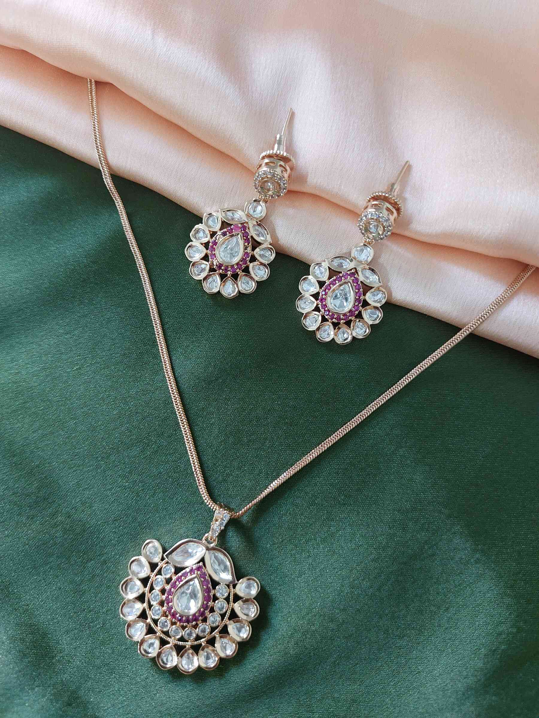 Lalita Real Kundan Ruby Coloured Gold Plated Pendant Set With Earrings