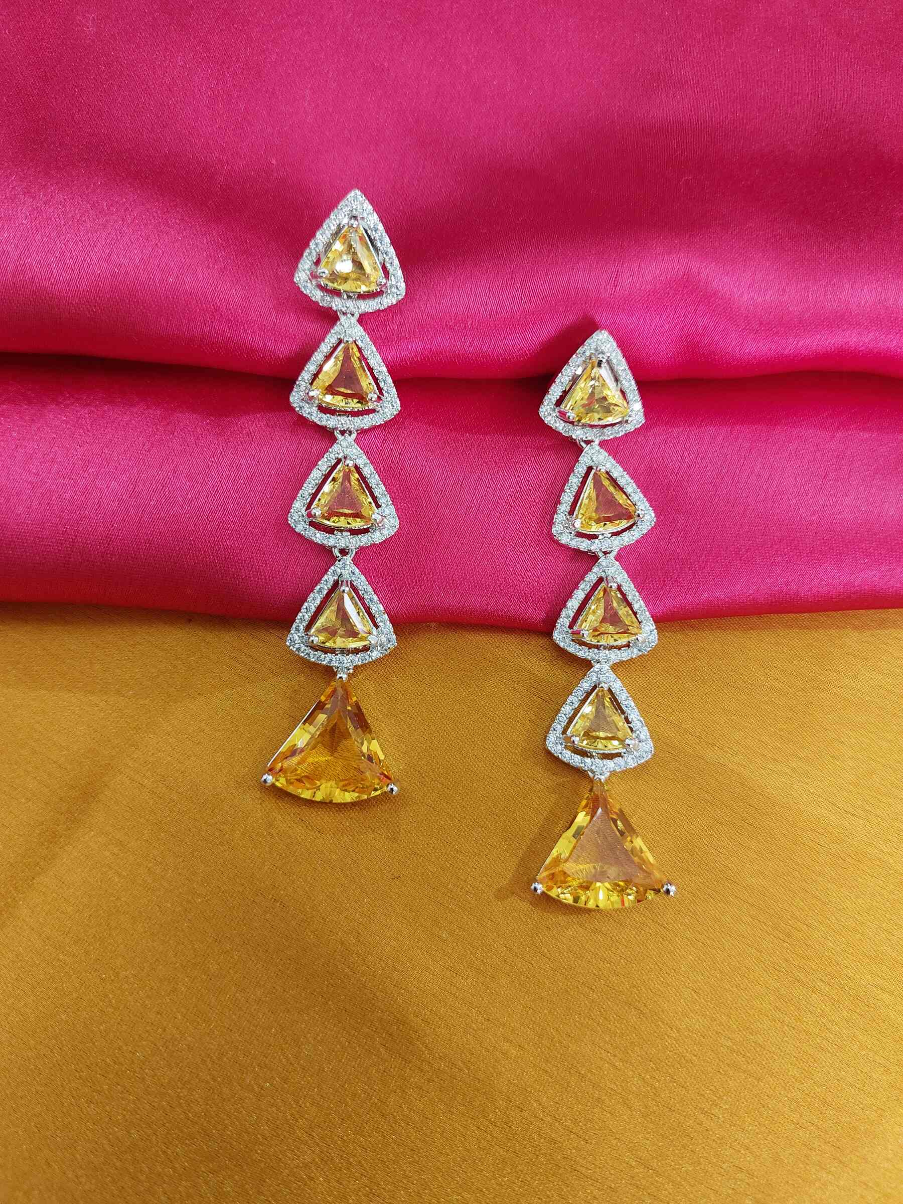 Laura Yellow Triangular Long Partywear AD Earrings