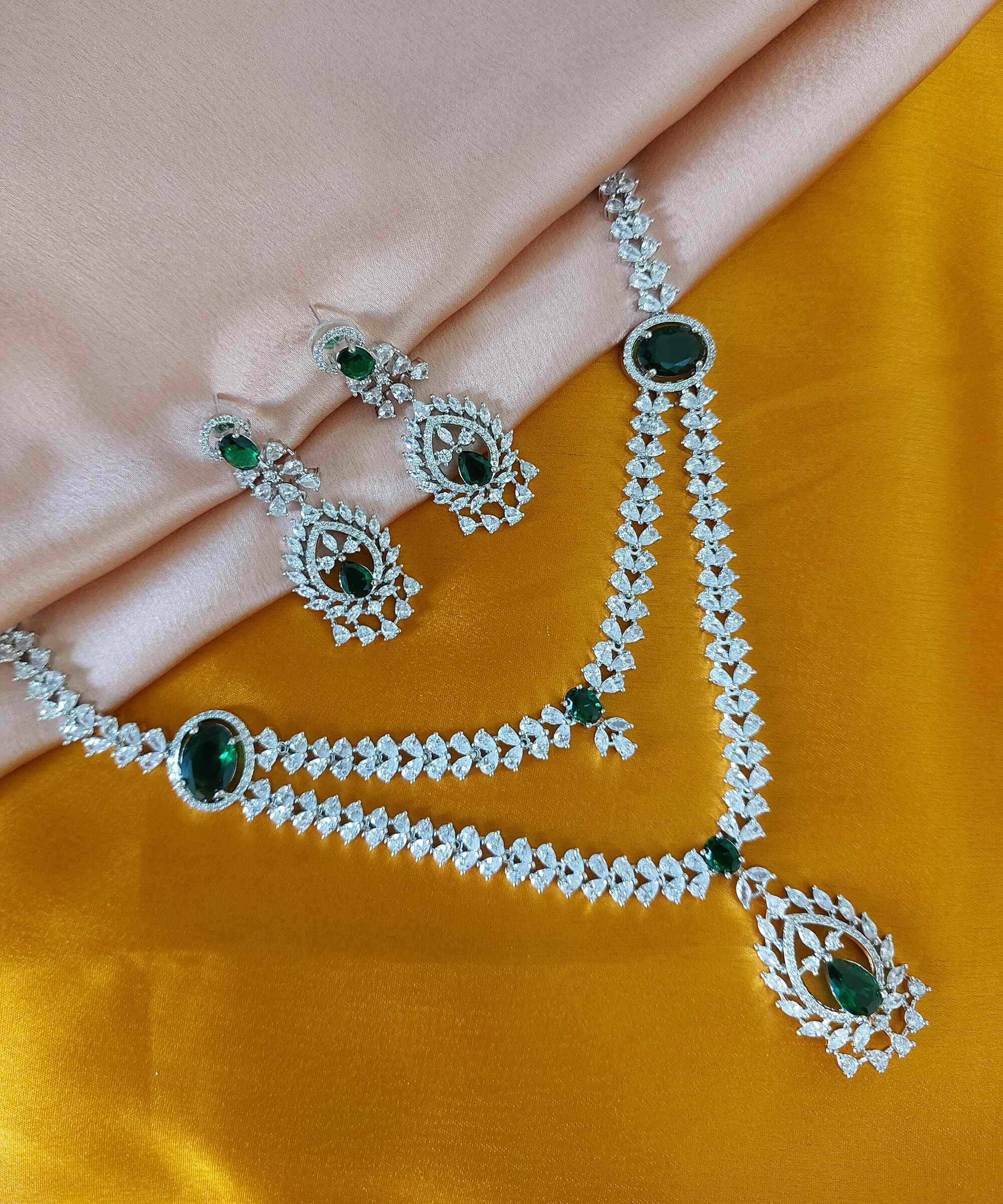 Lauren Green Coloured Two Layered American Diamond Necklace Set With Earrings