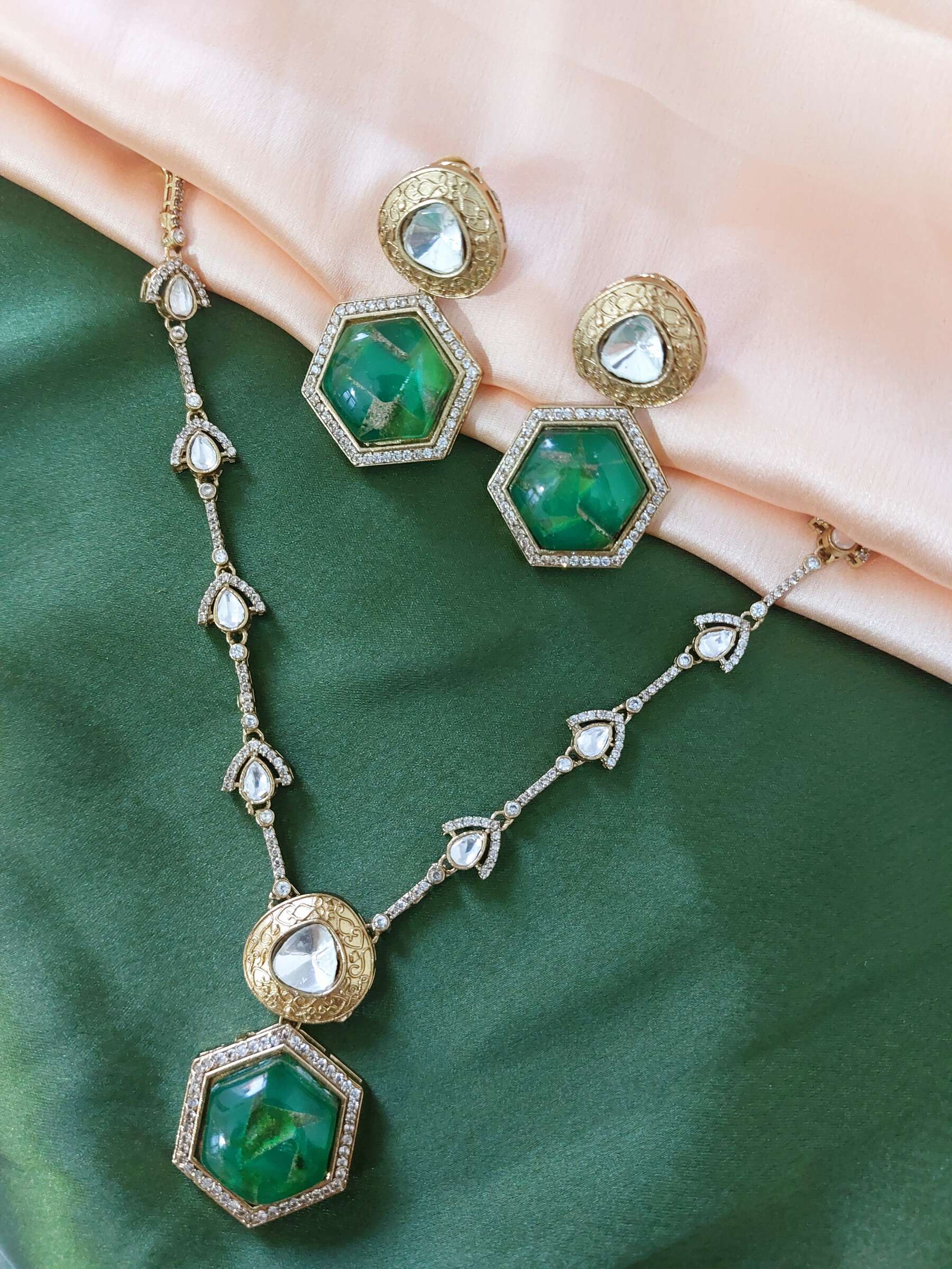 Lavanya Moissanite Real Kundan Green Coloured Antique Gold Necklace Set With Earrings