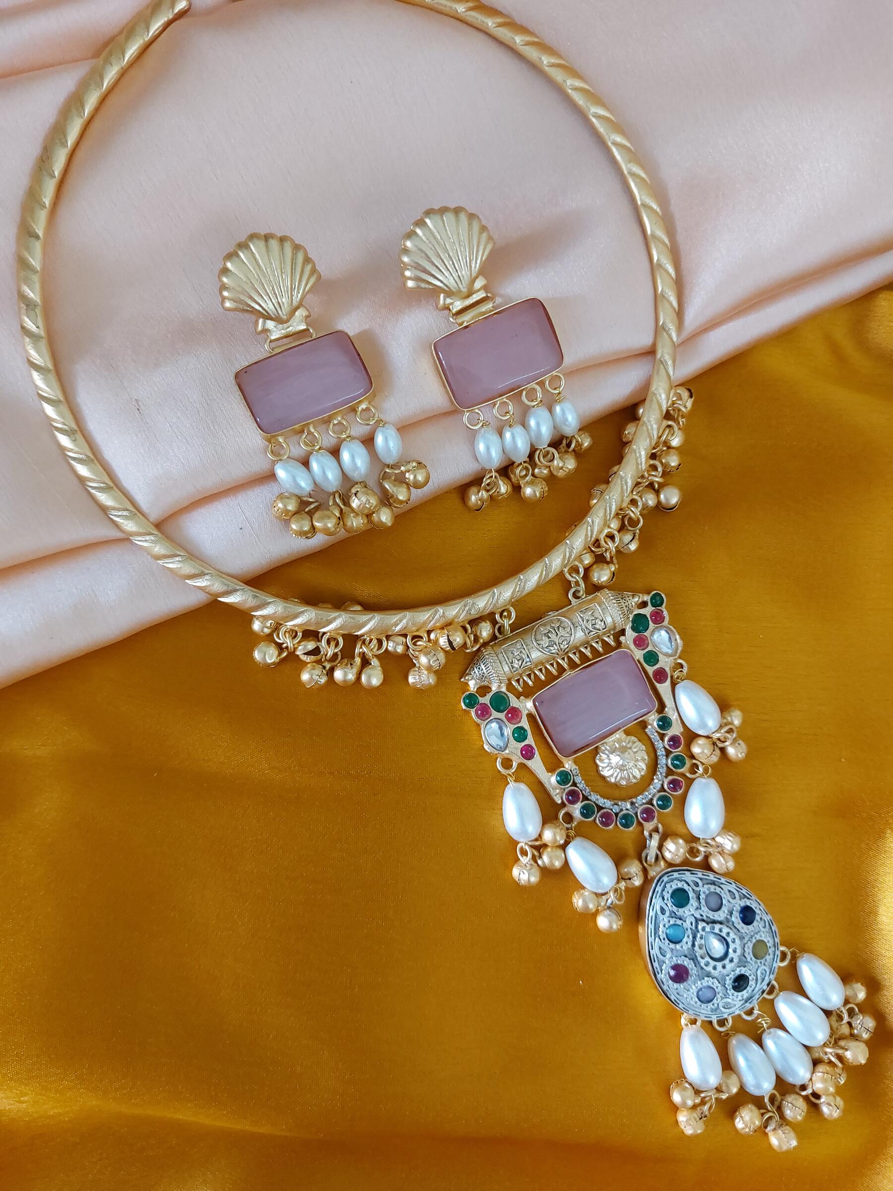 Laxmi Light Pink Monalisa Stone Studded Pearl Embelished Kundan Antique Gold Long Necklace Set With Earrings
