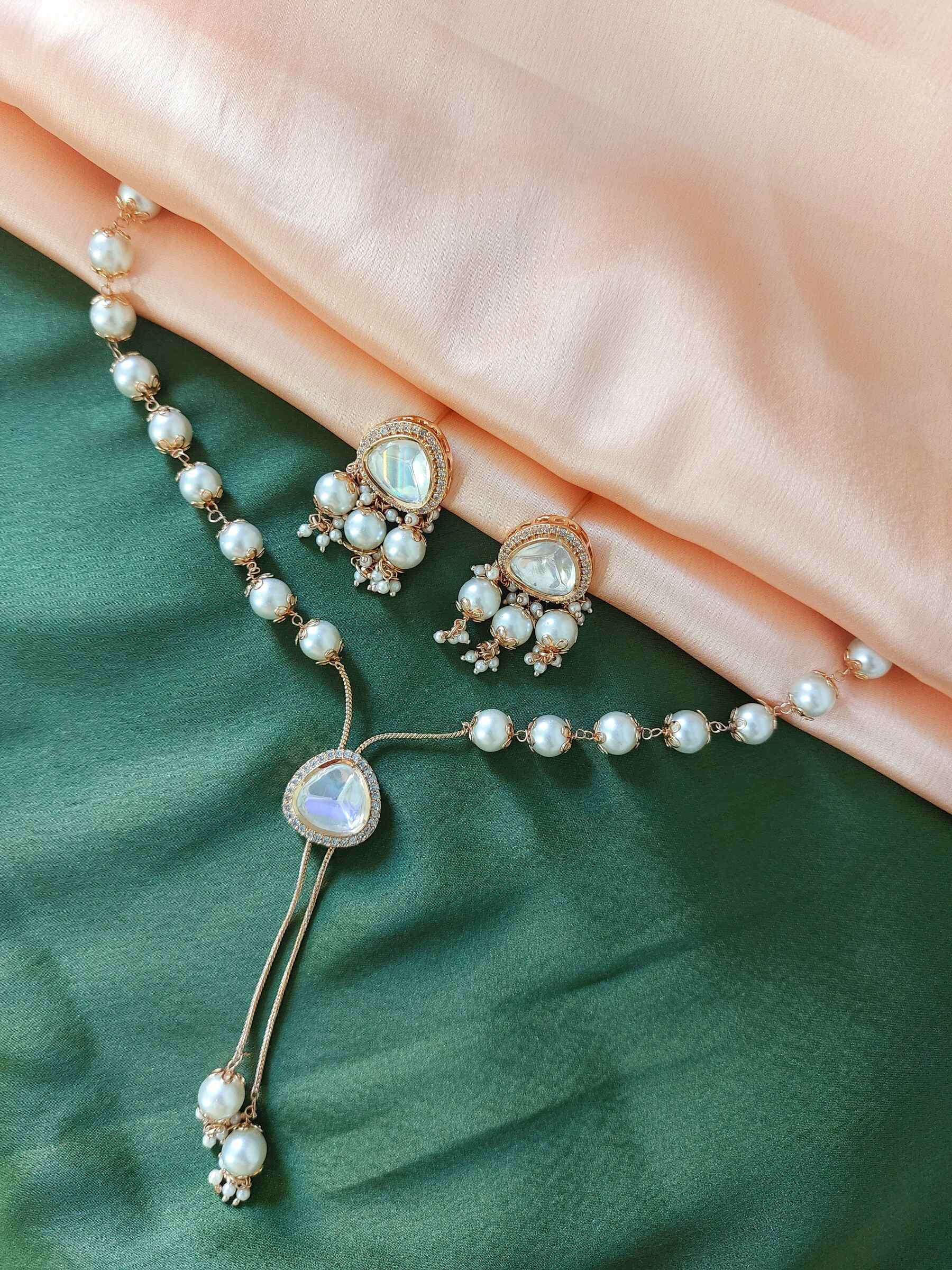 Leena Moissanite Gold Plated Pearl Studded Choker Necklace Set With Earrings