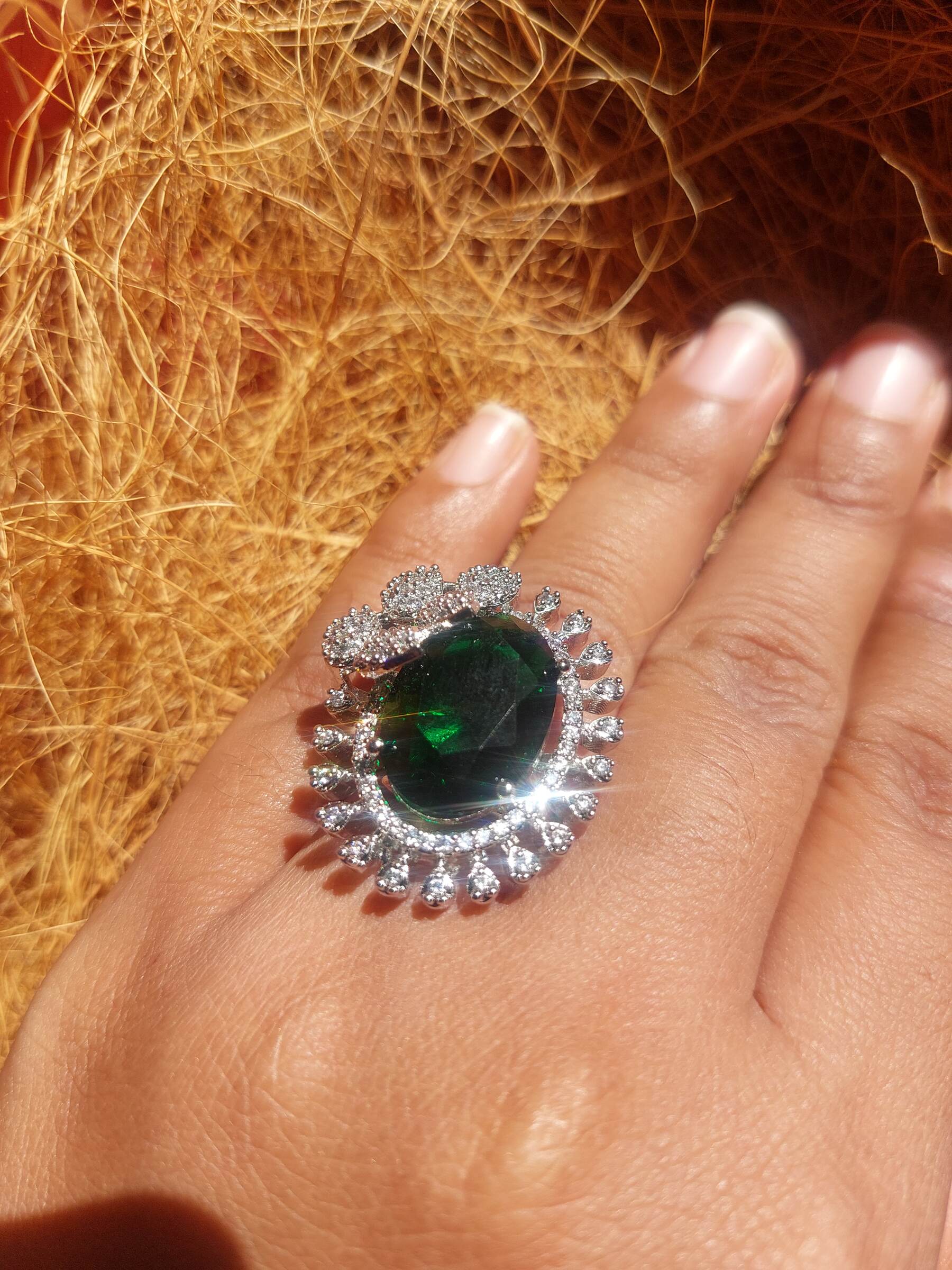 Lily Emerald Green Stone Studded AD Ring