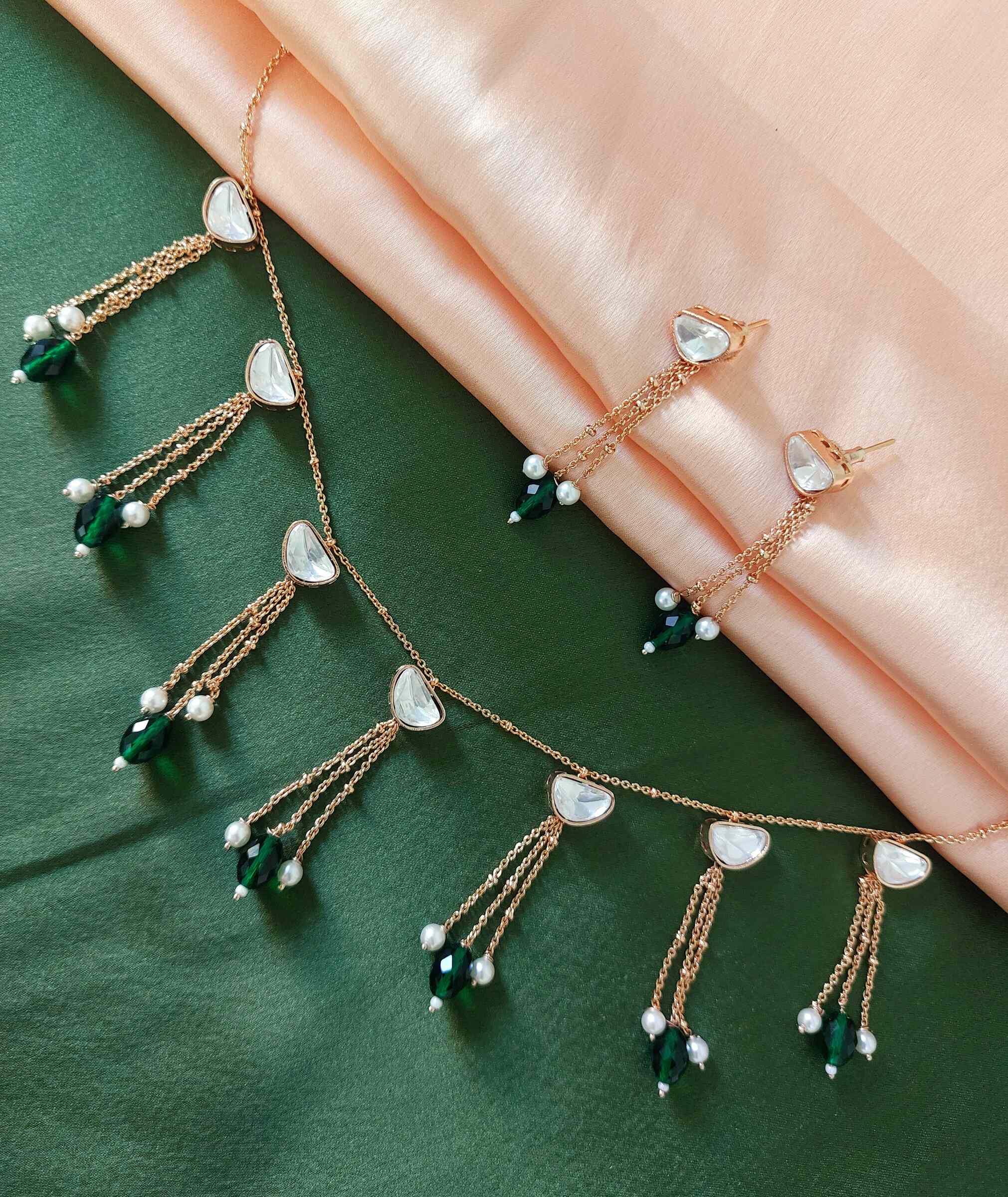 Lithika Moissanite Real Kundan Pearl Studded Green Coloured Gold Plated Choker Necklace Set With Earrings
