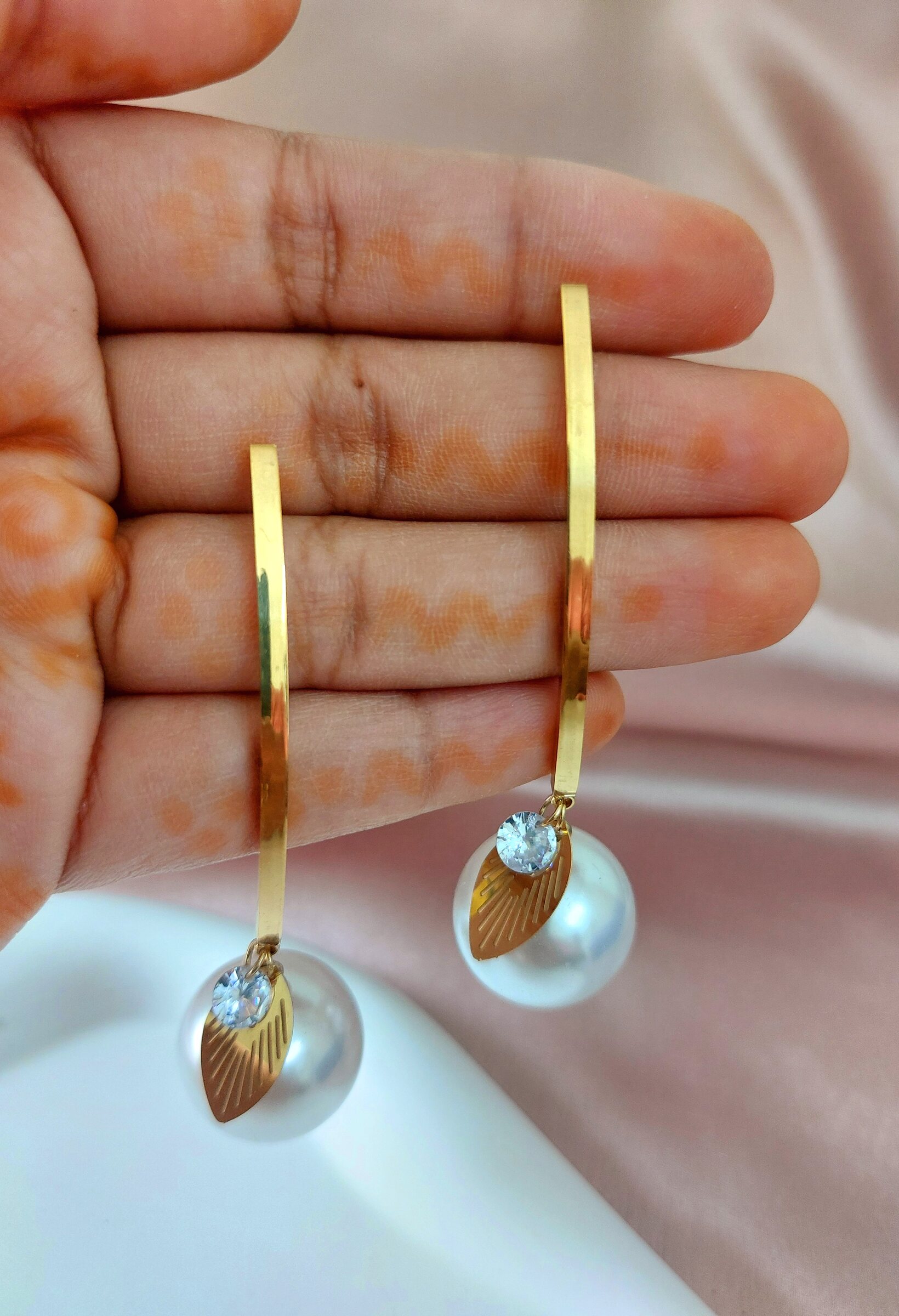 Maha Long Pearl Studded Gold Plated Anti Tarnish Korean Style Western Earrings
