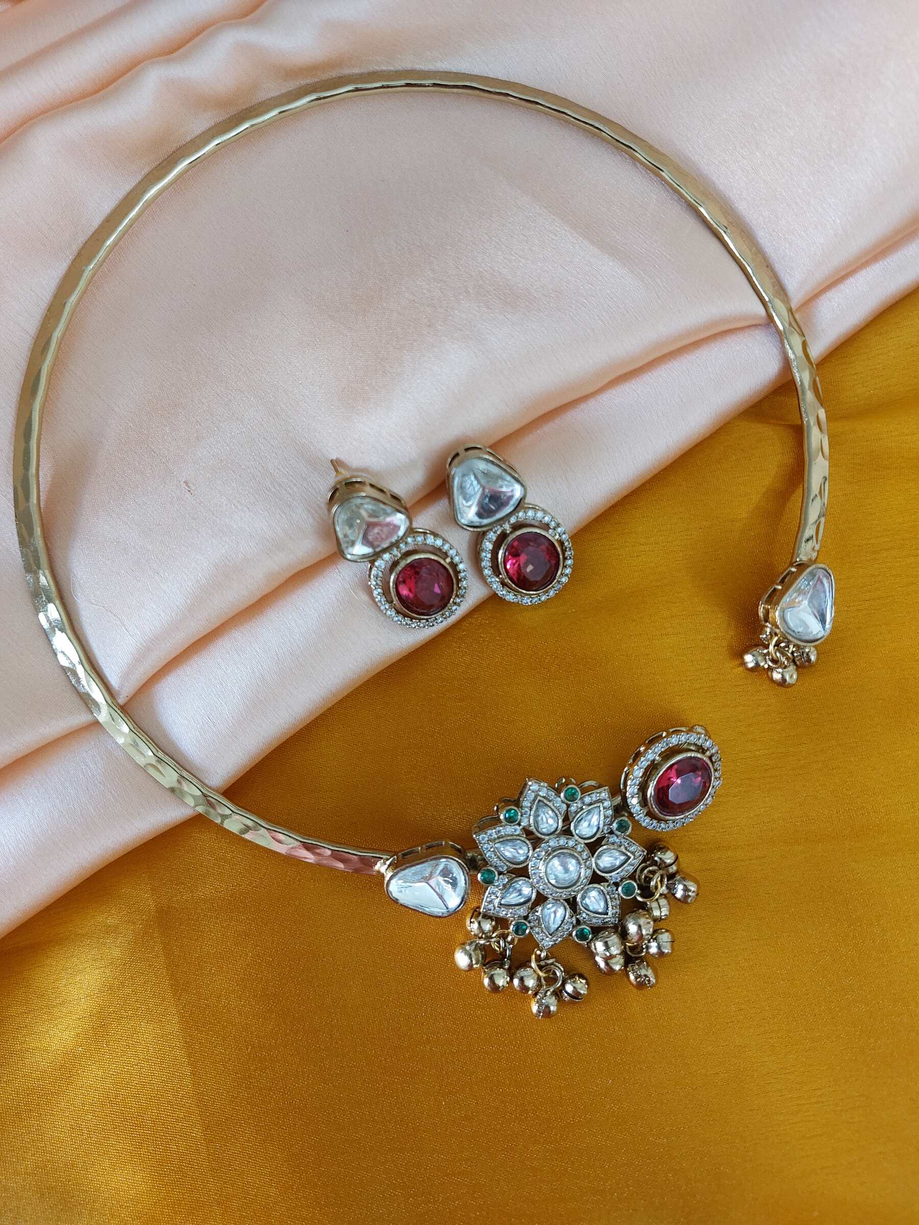 Mahira Moissanite Ruby Coloured Kundan Collar Hasli Neckalce Set With Earrings