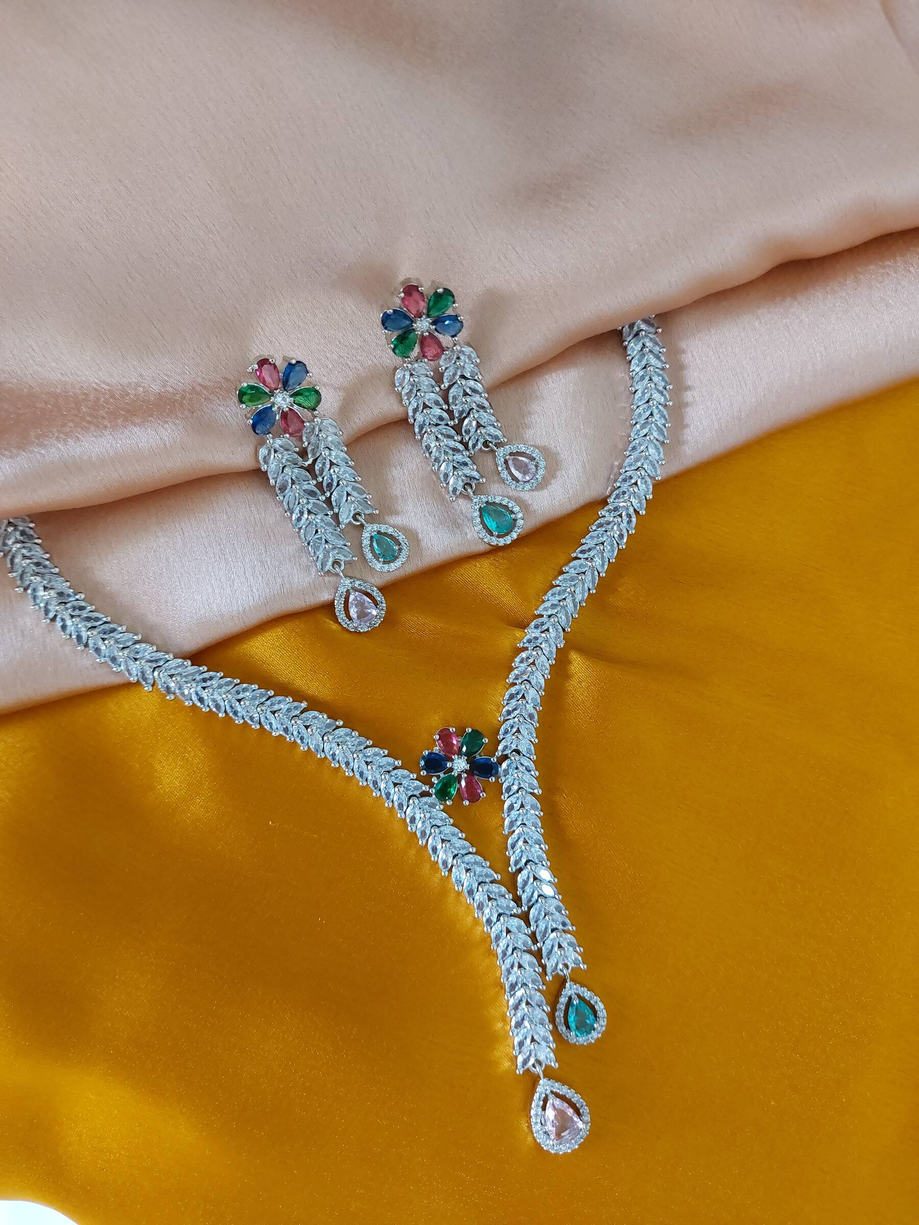 Olivia V Shaped Multi Coloured American Diamond Necklace Set With Earrings