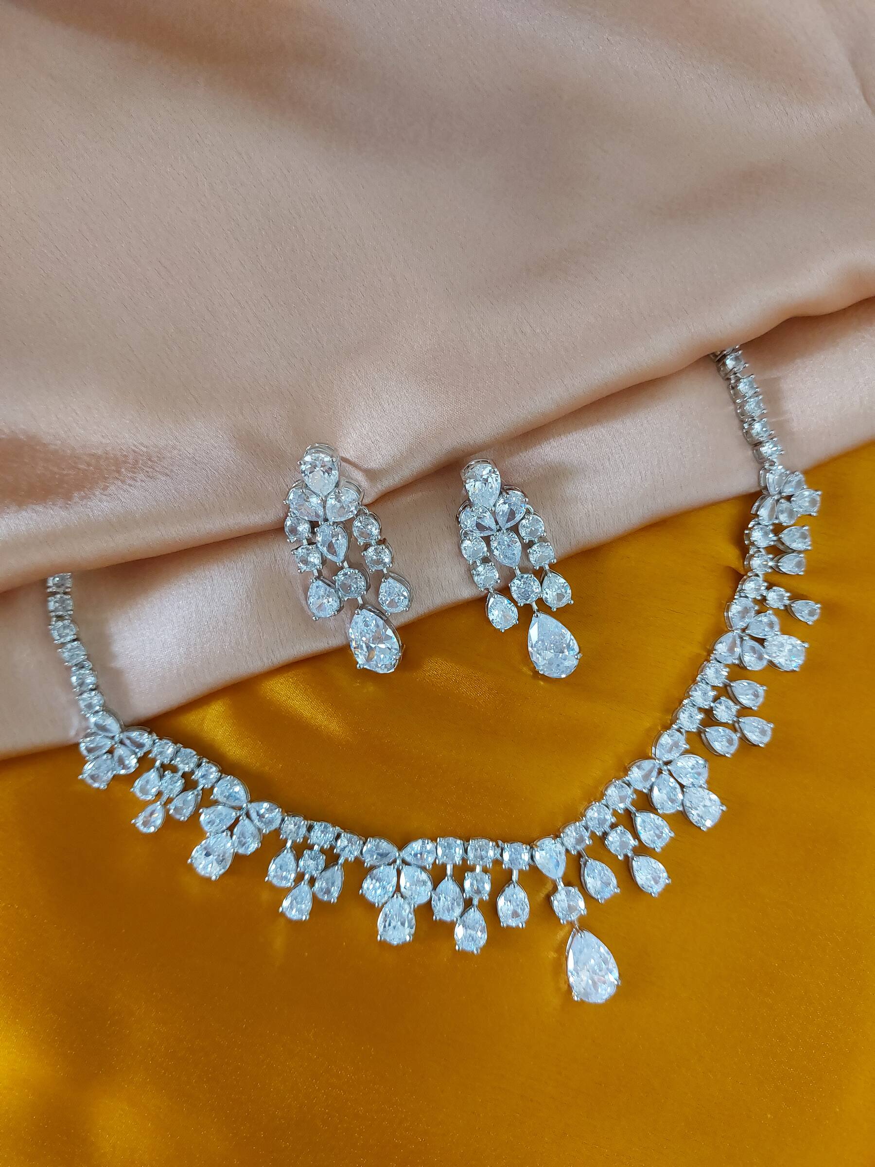 Sophie Silver Crystal Coloured American Diamond Necklace Set With Earrings