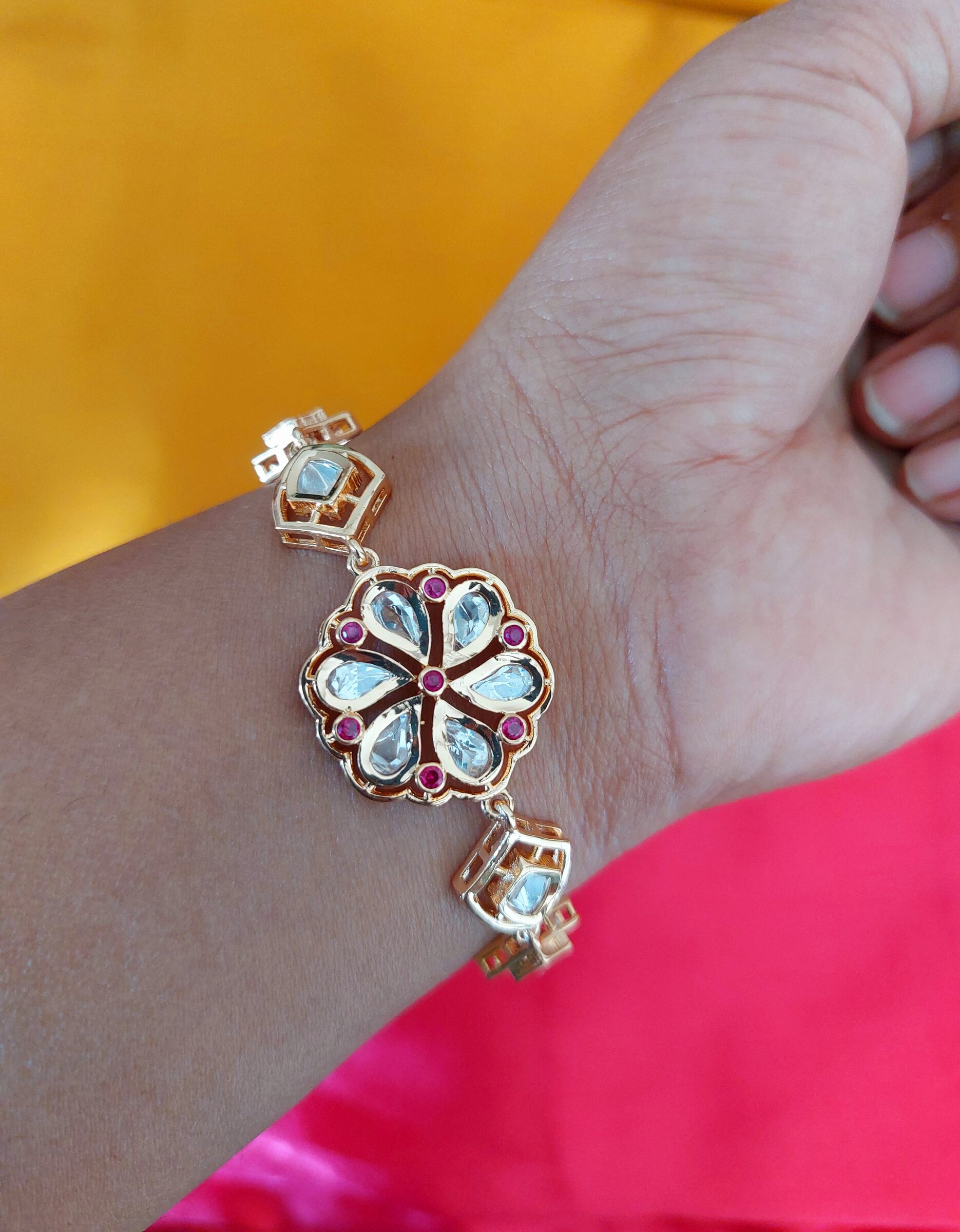 Sonali Gold Plated Flower Shaped Kundan Fusion Wear Bracelet